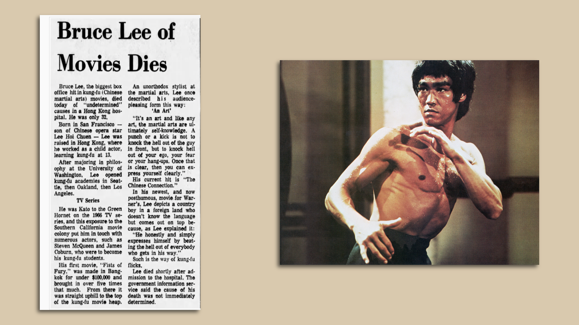 An image of a shirtless Bruce Lee in a martial arts pose. 