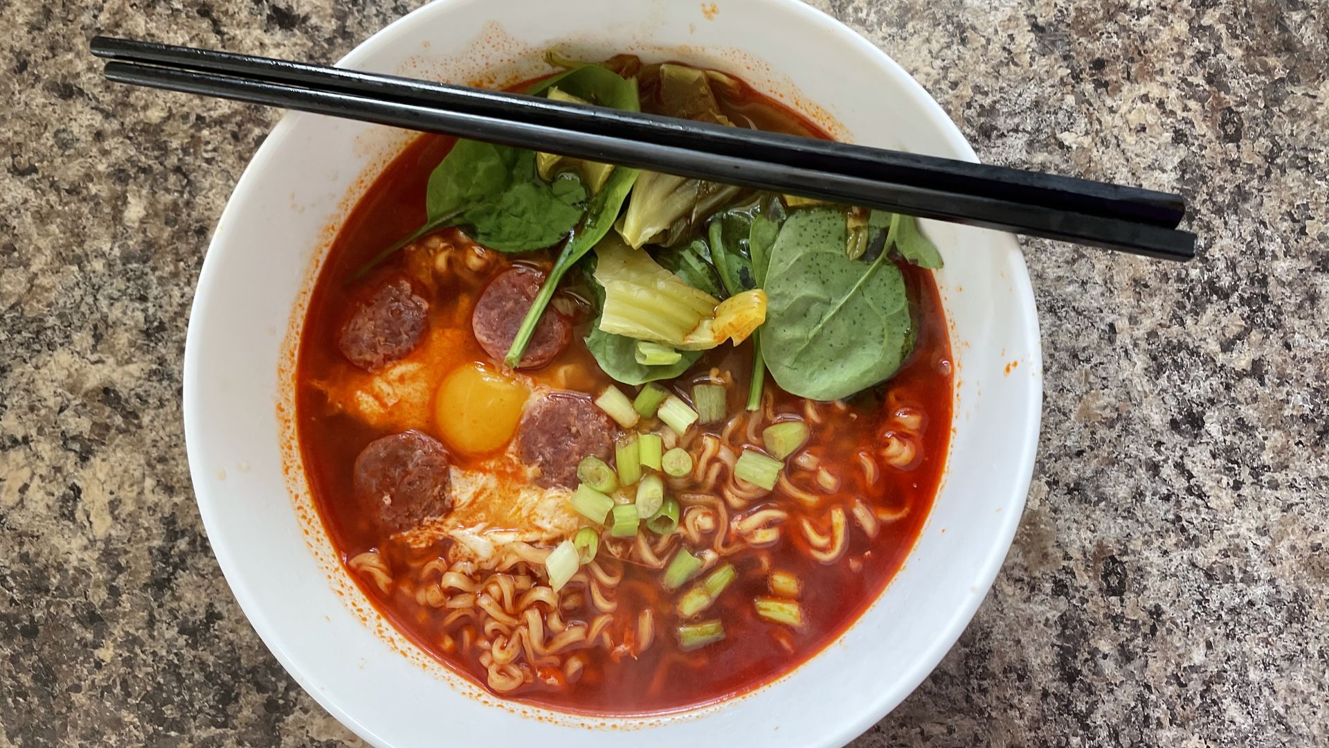 A bowl of instant ramen Linh made.