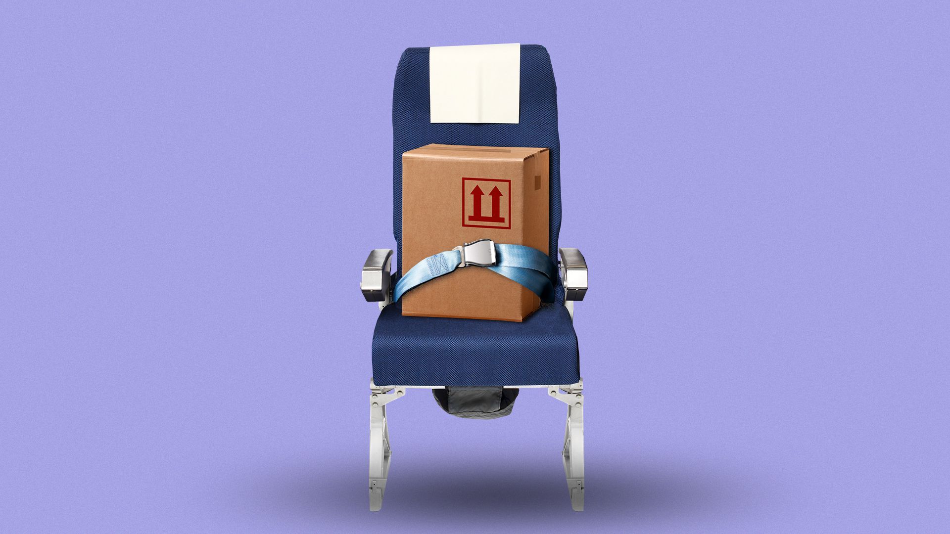 Illustration of an airplane seat with a shipping cardboard box buckled in.