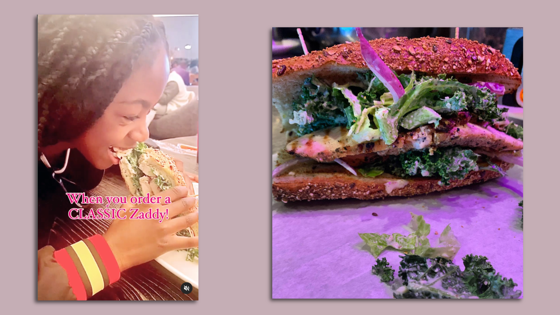 Side by side photos of a woman eating a giant sandwich and laughing and a profile view of a giant chicken caesar sandwich