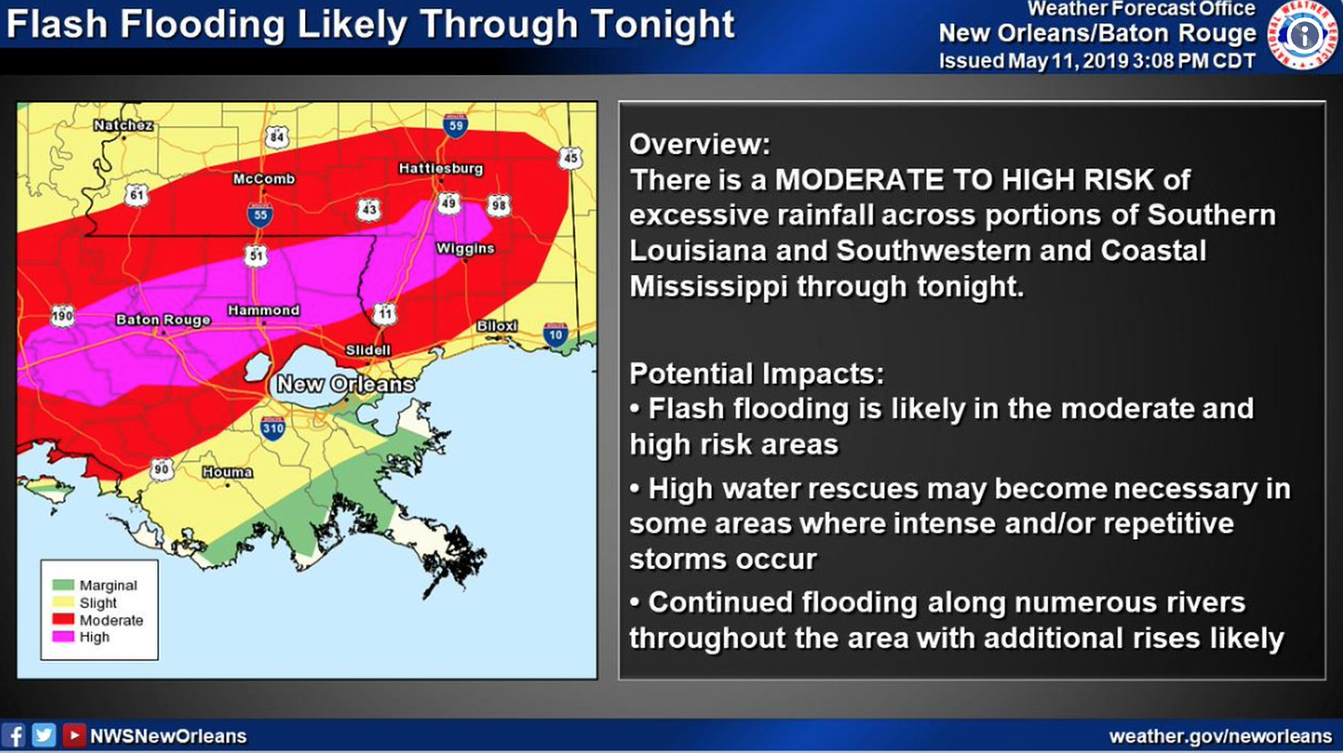A National Weather Service graphic warning of "life-threatening" flash flooding in  New Orleans Saturday night through Sunday morning.