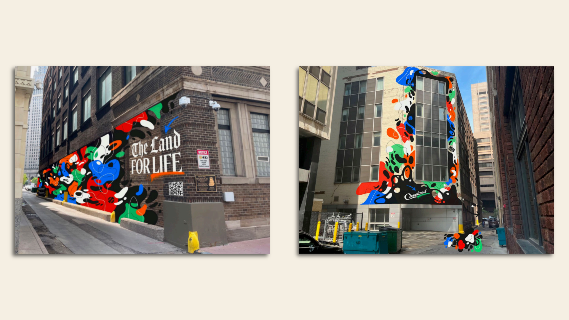Side by side images of a colorful mural in a downtown Cleveland alley.