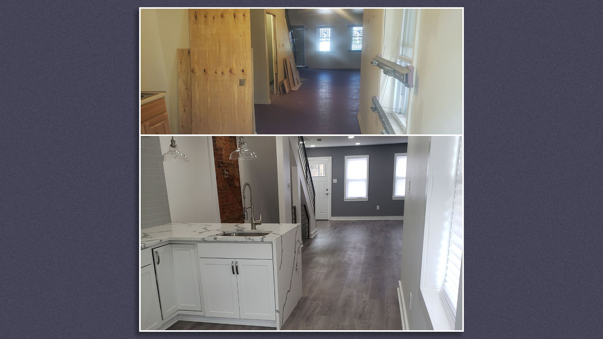 A before and after of the kitchen and living room of Zaire Potts' first development project in West Philly. Photo courtesy of Zaire Potts