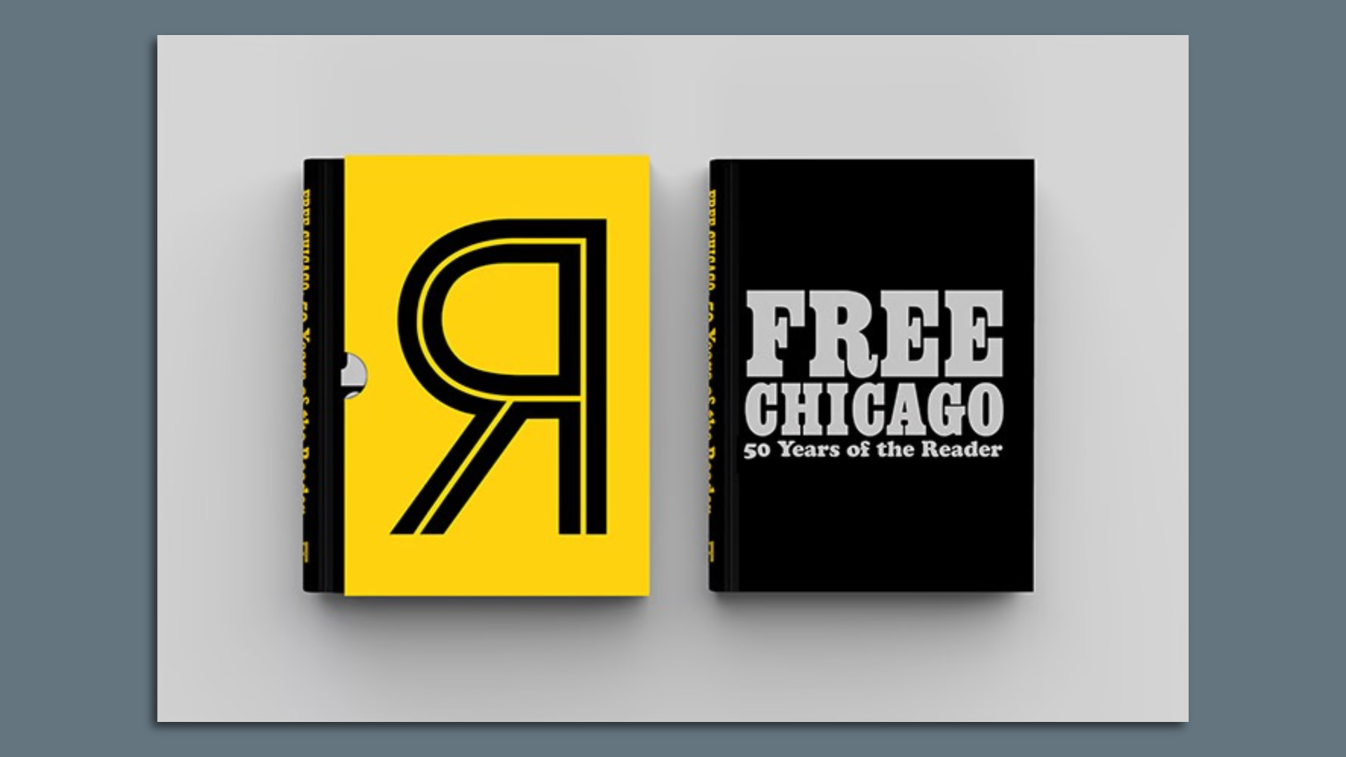 A yellow book cover with a backwards R and a black book cover with gray text that reads Free Chicago.