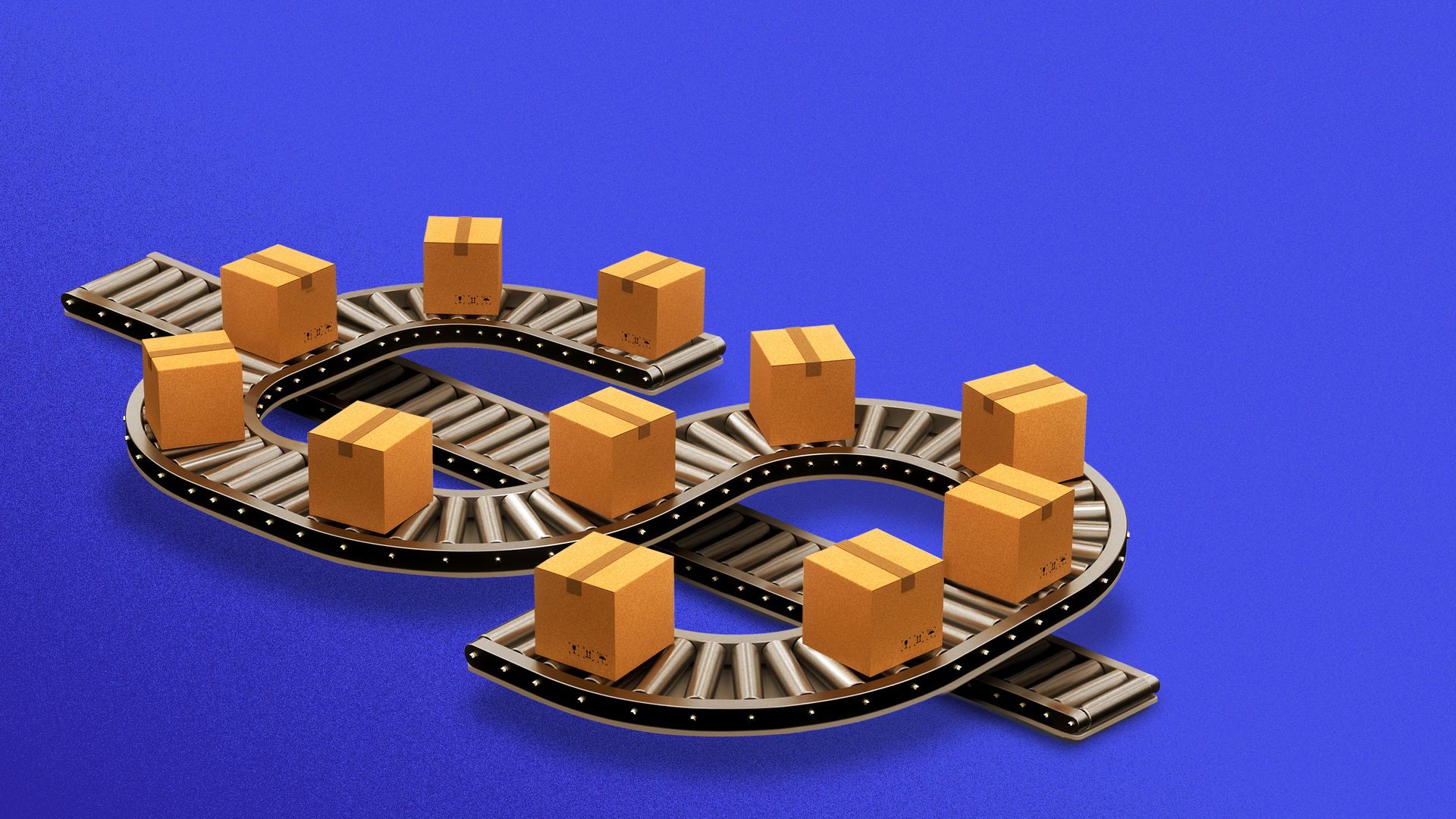 Illustration of a conveyor belt in the shape of a dollar sign.