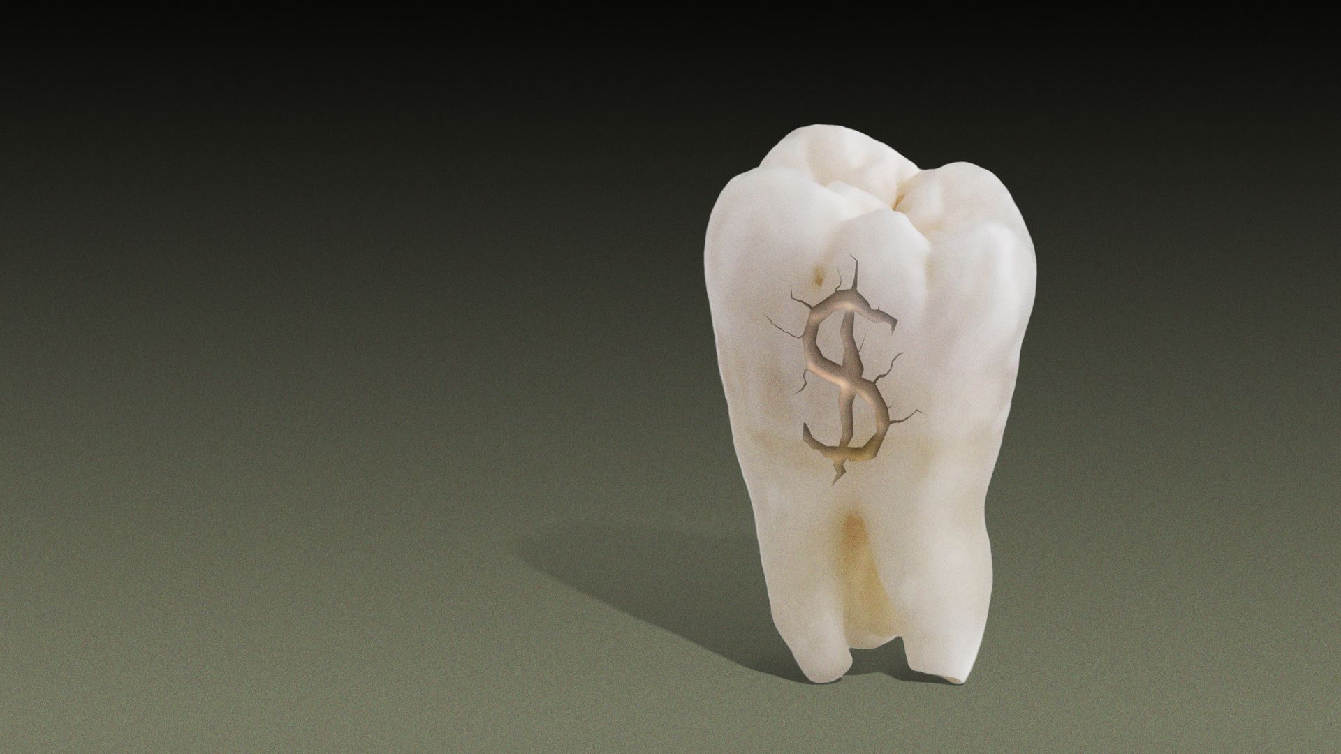 Illustration of a tooth with a crack shaped like a dollar sign.