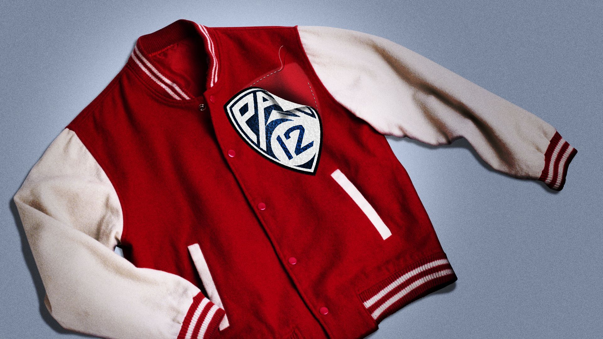 Illustration of a letterman jacket with a PAC-12 patch peeling away.