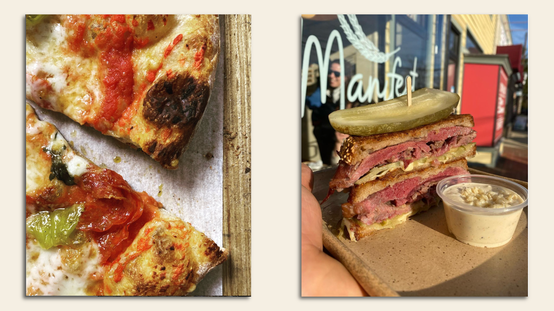 Pizza (left) and a stacked sandwich with pickle and sauce (right)