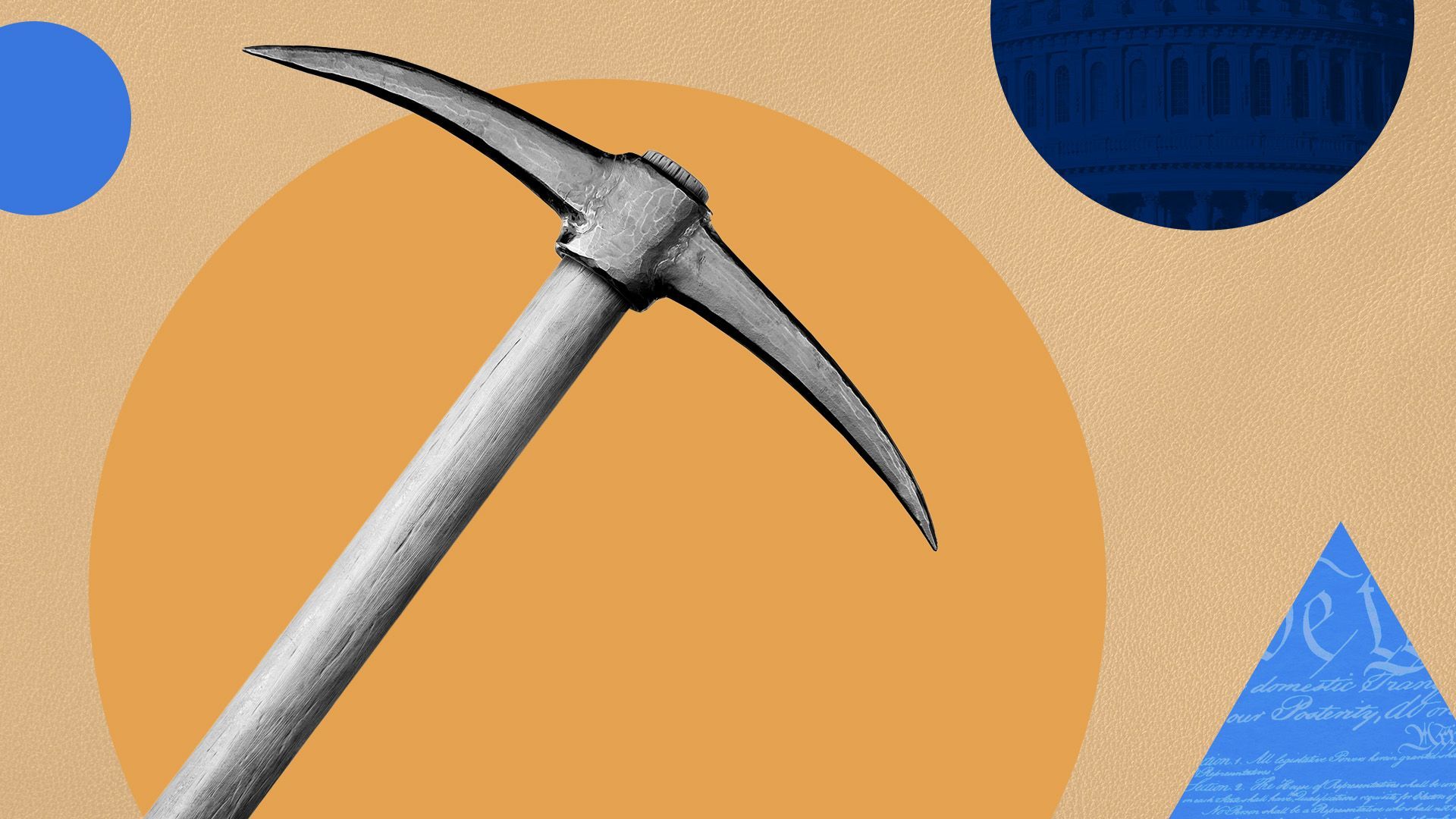 an illustration of a mine pick axe surrounded by legal text, photos of government buildings and circles