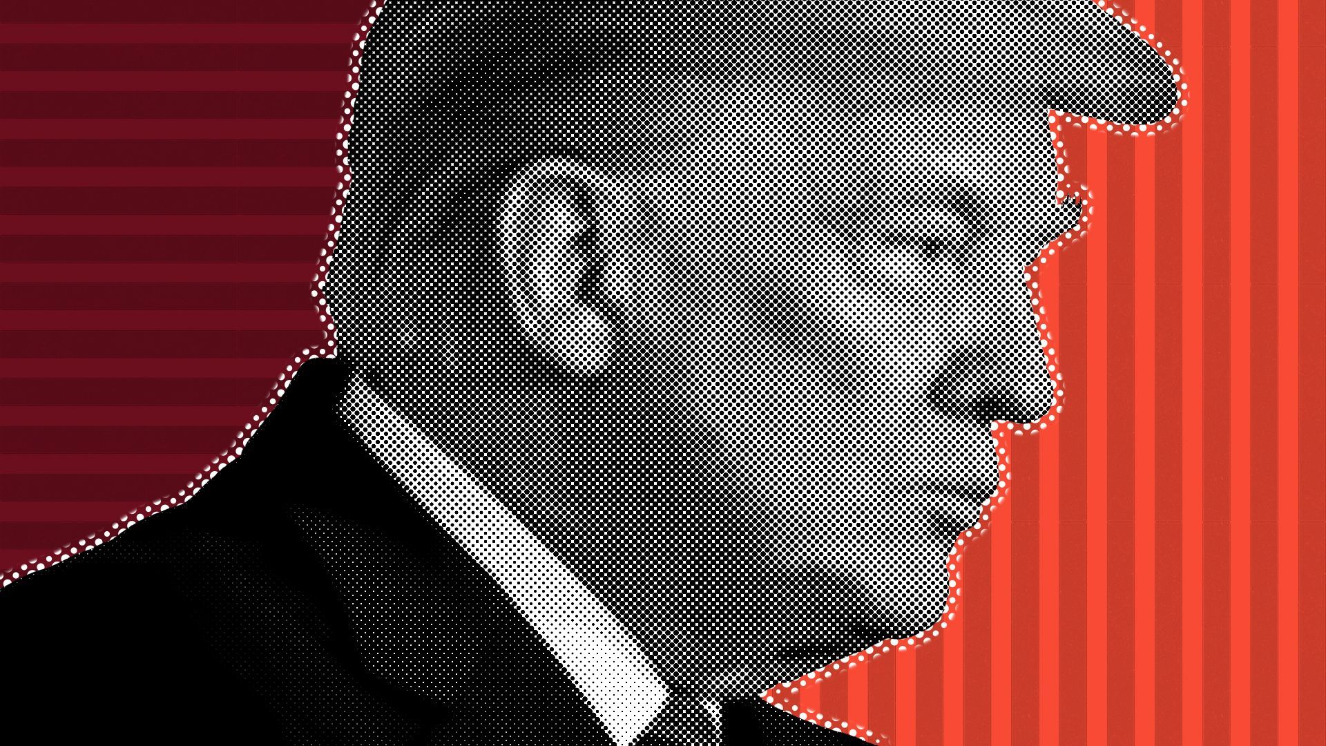 Photo illustration of Donald Trump on a red background with various lines throughout
