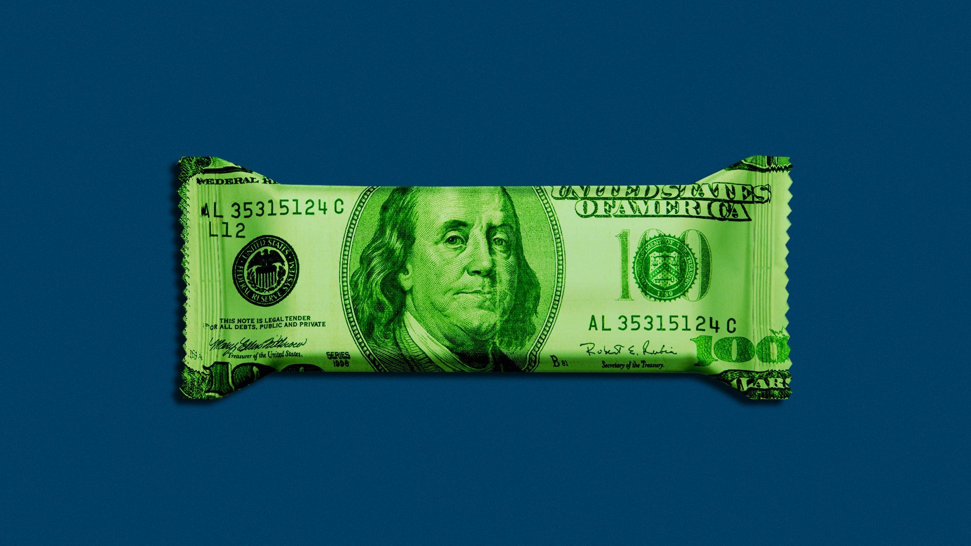 an illustration of a granola bar with a 100 dollar bill on its wrapper