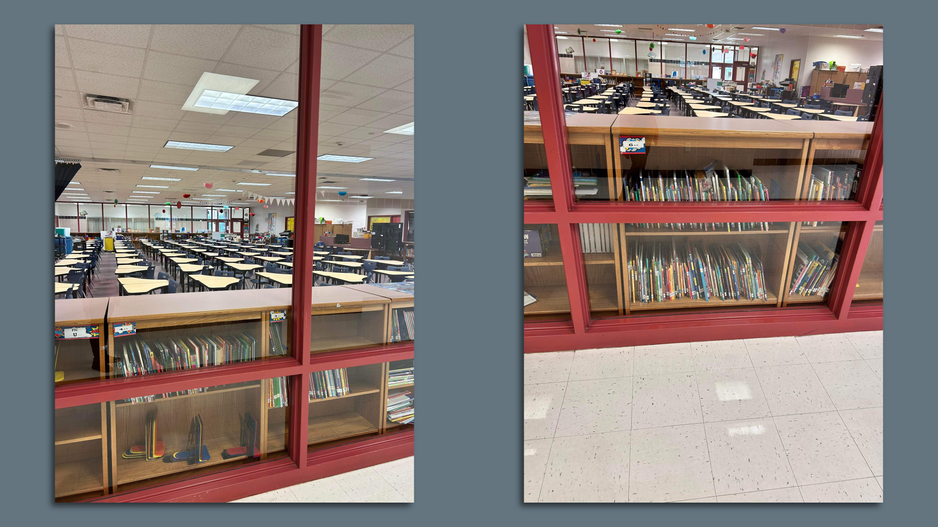 Two photos showing the inside of a newly renovated disciplinary center that used to be a school library in Houston ISD