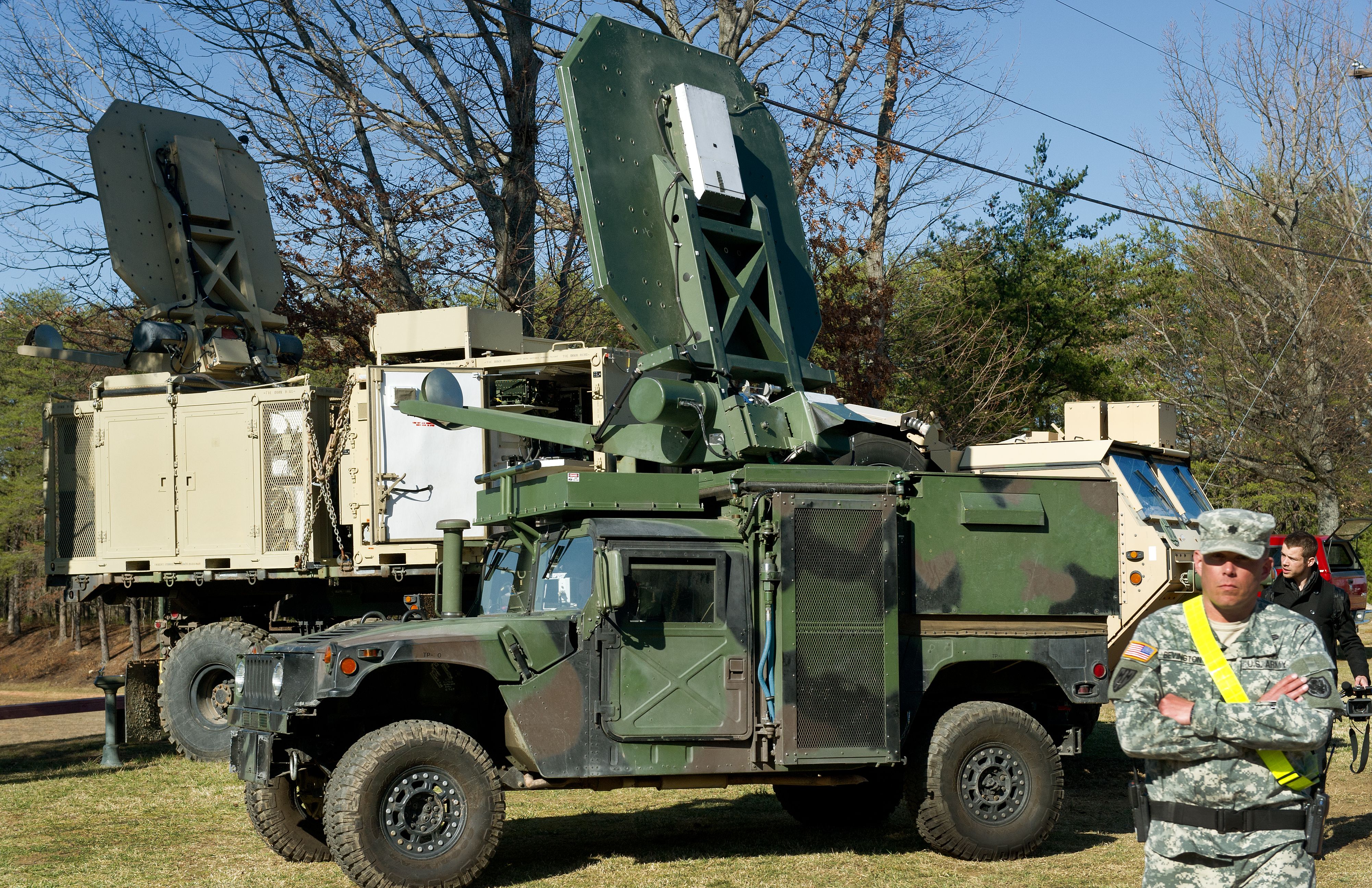 Two U.S. Marine Corps trucks equipped with the Active Denial System at Marine Corps Base Quantico in Virginia.