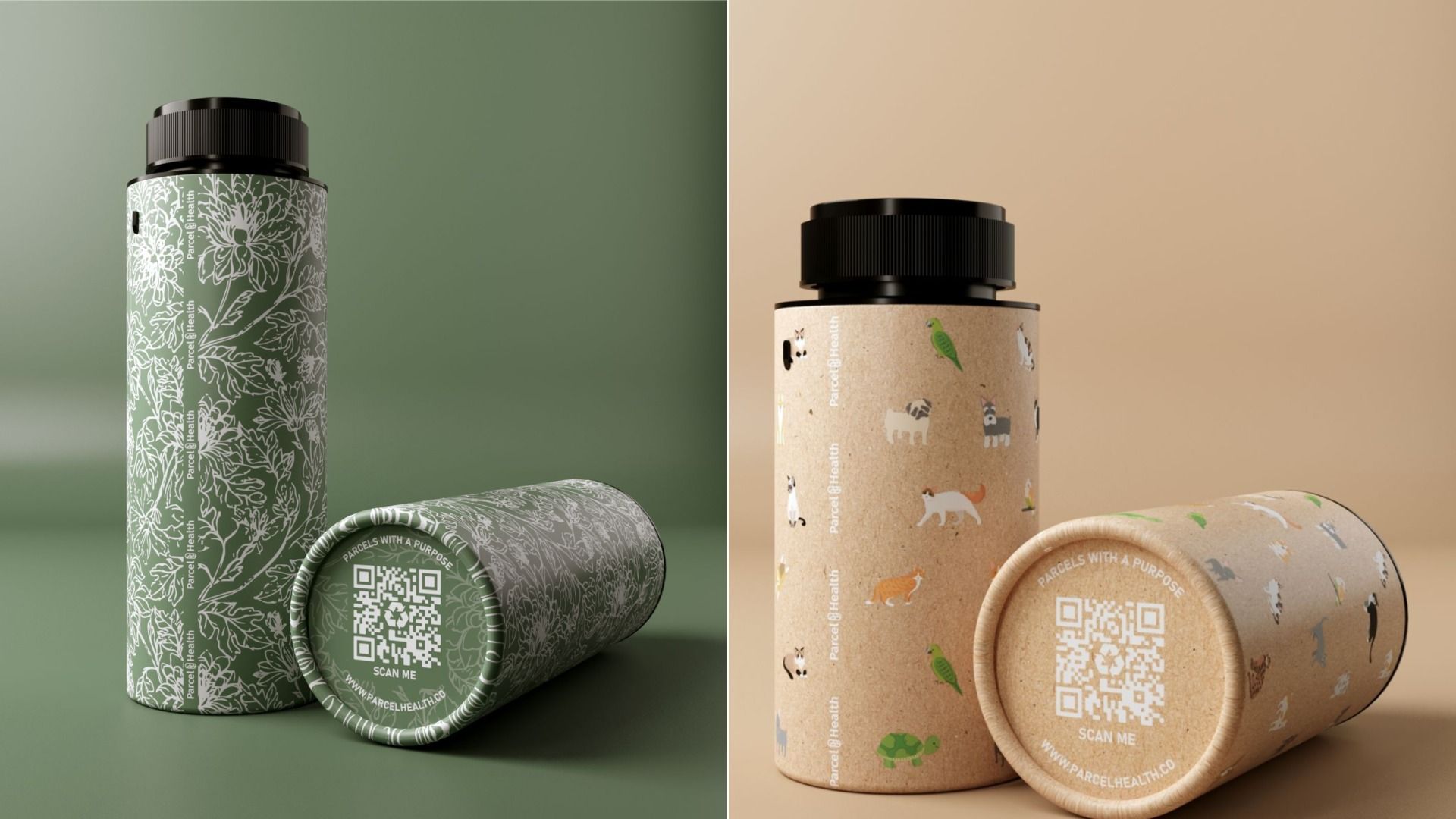 Split image of two bottles: left a tall green bottle with white floral pattern and black cap on green background; right a kraft beige bottle with animal illustrations, black cap, and a QR code.