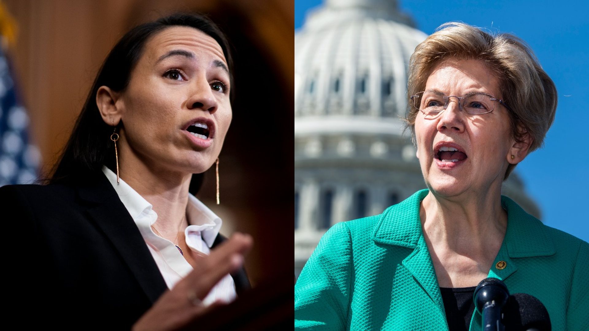 Photo of Sharice Davids speaking on the left and Elizabeth Warren speaking on the right