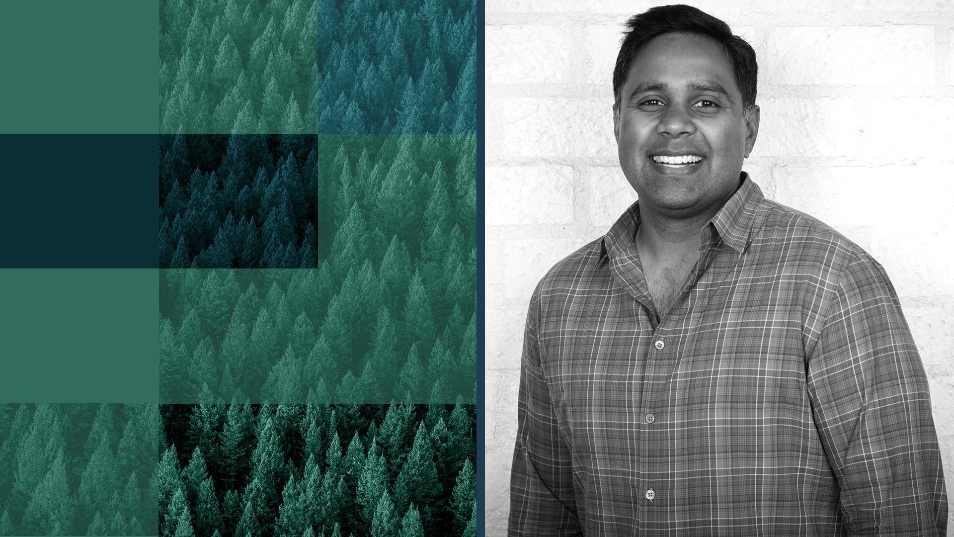photo illustration of Shomik Dutta, CEO of overture vc surrounded by trees and squares