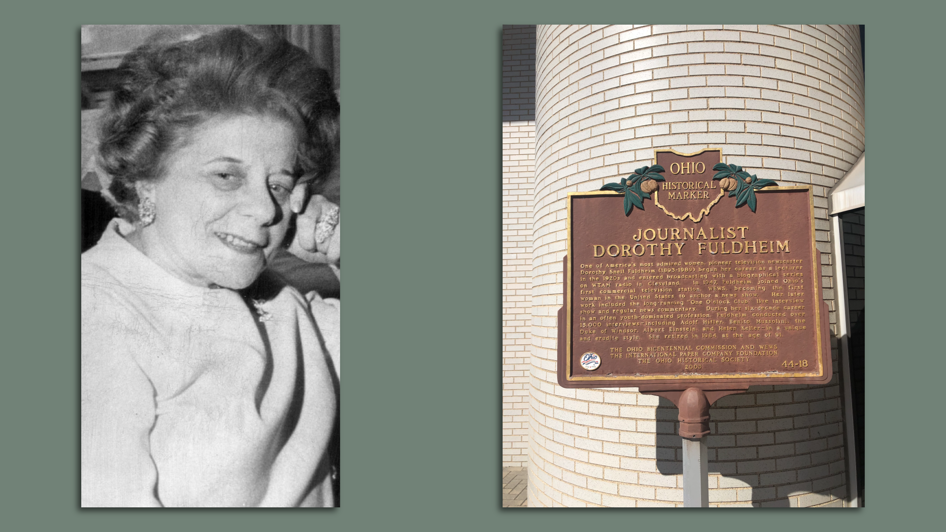 A side by side image of Dorothy Fuldheim (black and white) and Ohio historical marker honoring her