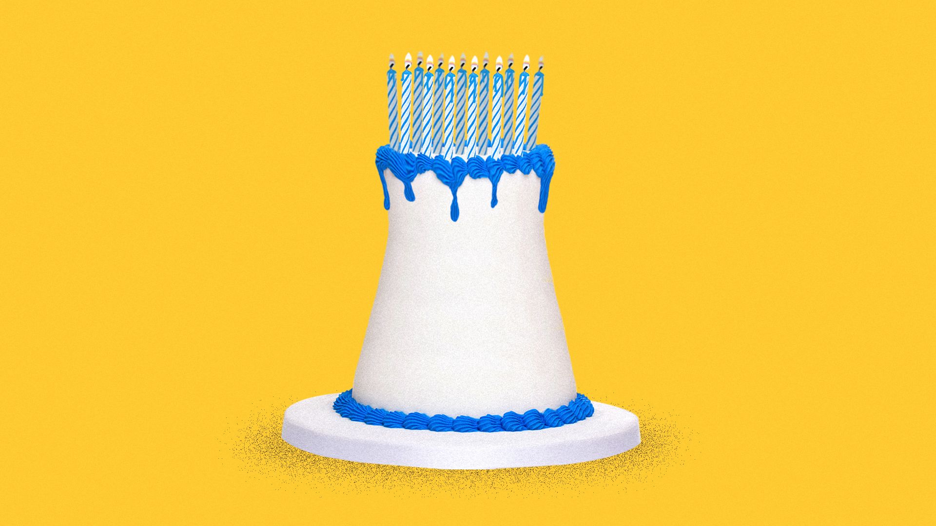 Illustration of a melting birthday cake in the shape of a nuclear tower with too many candles on top.