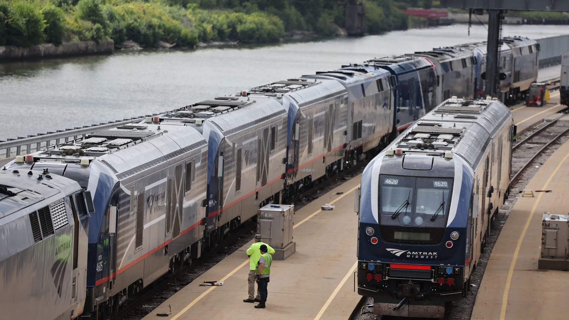 Amtrak trains at a rail in Chicago on Sept. 13.