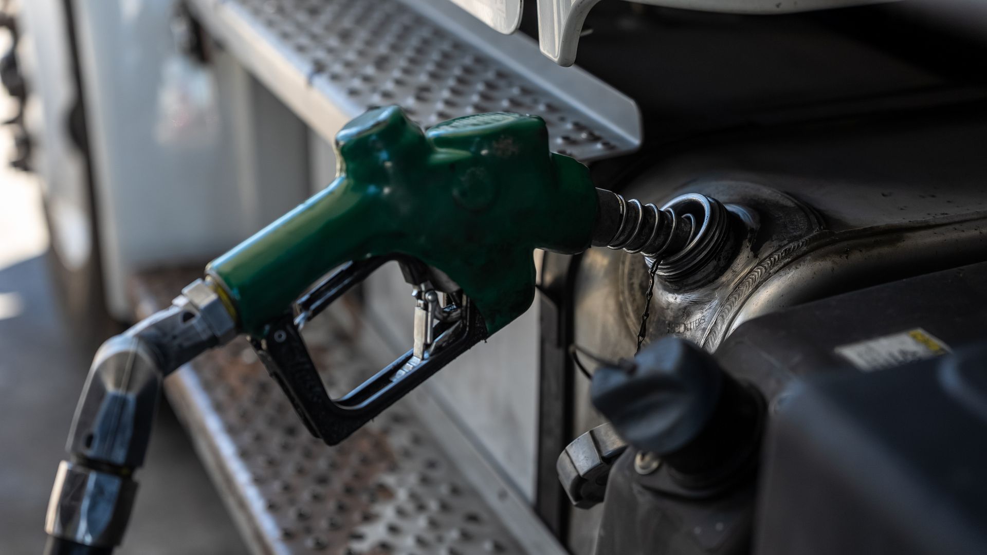 A tractor-trailer refuels with diesel at a Chevron truck stop in Tracy, Calif.