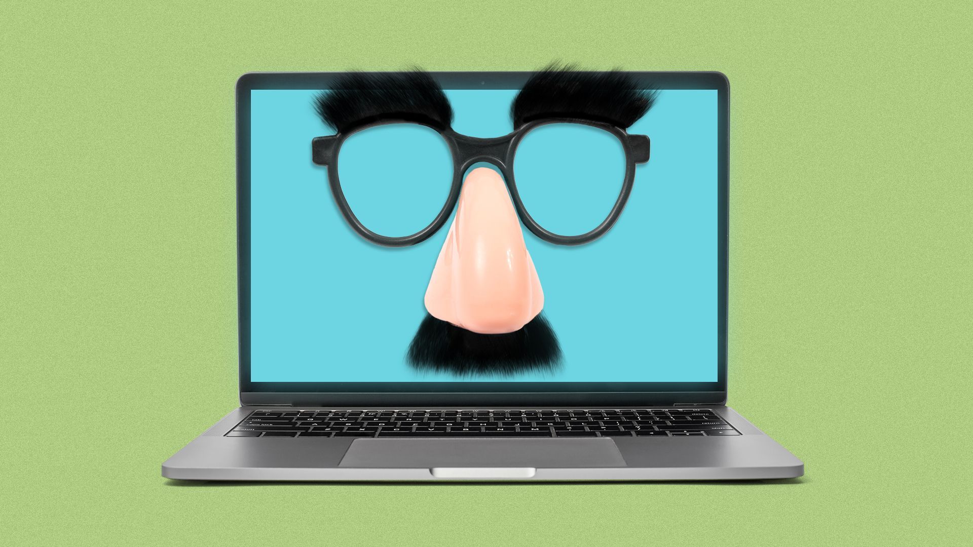 Illustration of a laptop wearing glasses and moustache set disguise. 