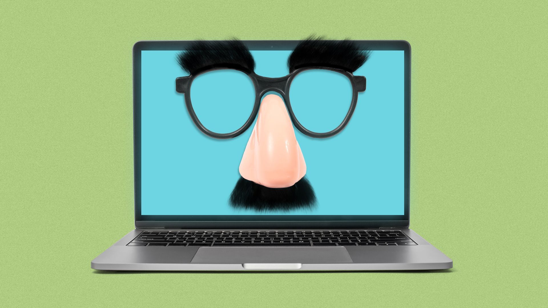 Illustration of a laptop wearing glasses and moustache set disguise.