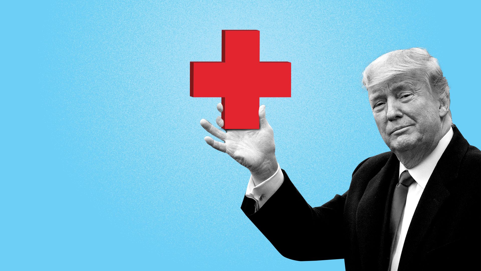 Illustration of President Trump holding up a health plus.