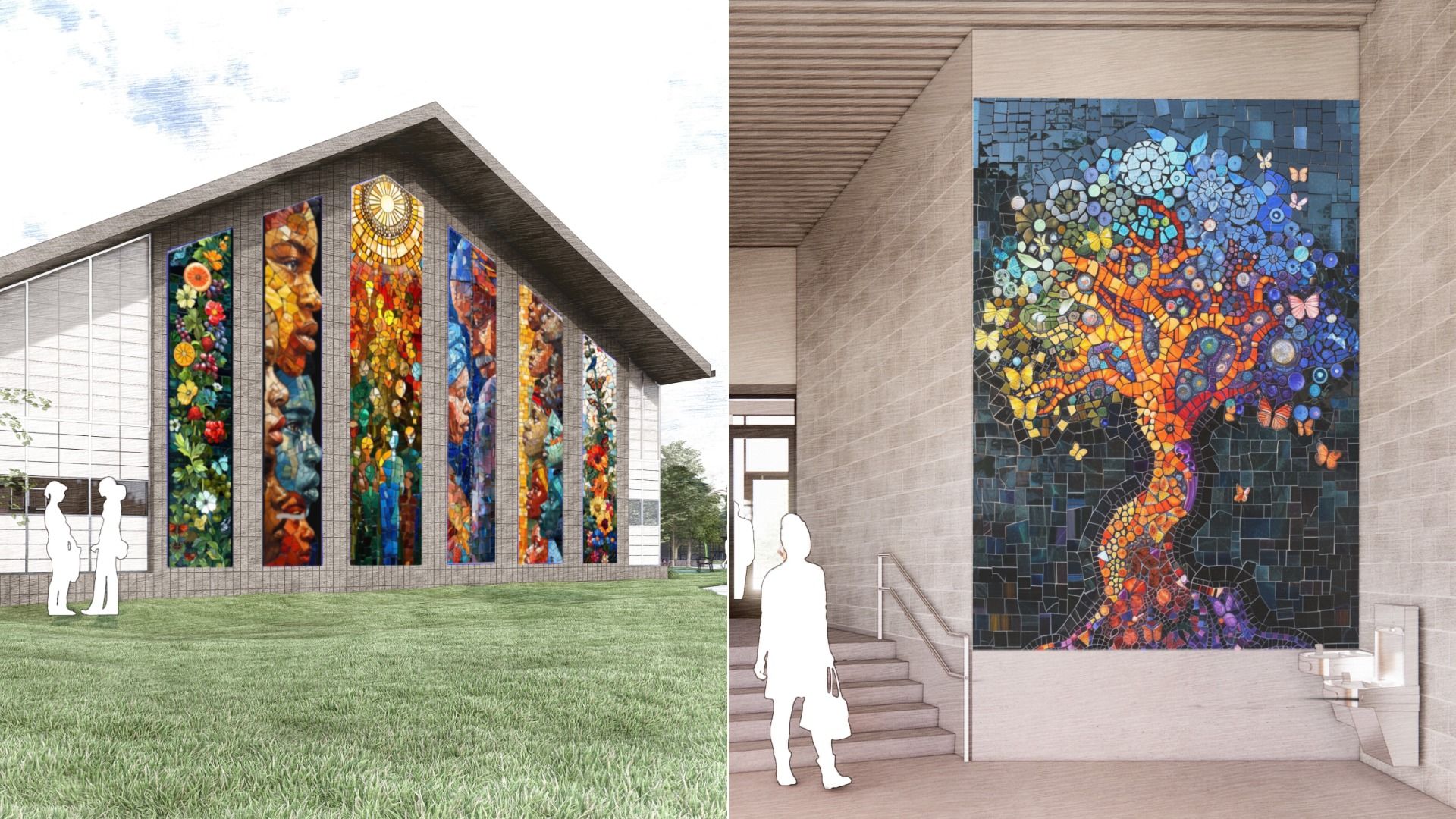 Split view of a modern building exterior with tall vertical mosaic panels of flowers and faces, and an interior wall mosaic of a colorful, swirling tree with butterflies.