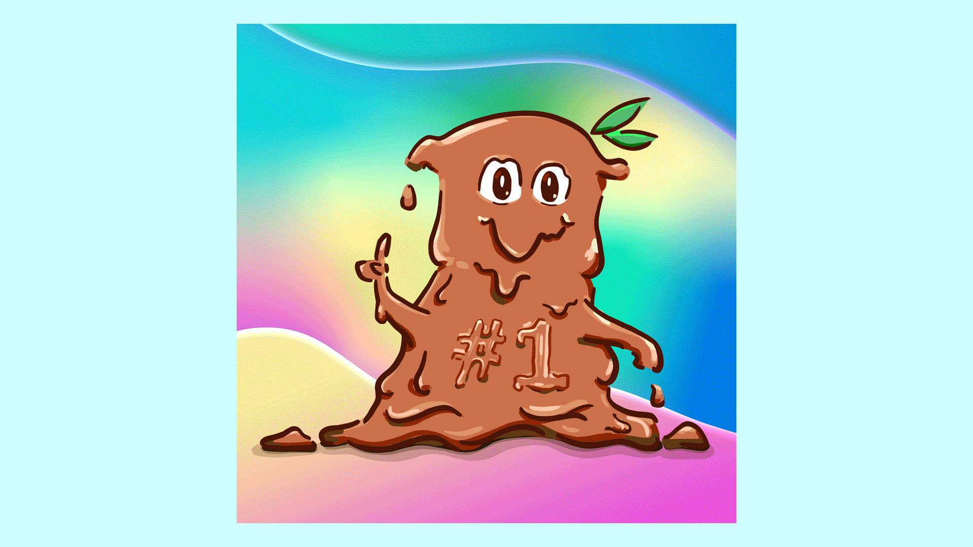 An animated sludge with #1 on it, against a rainbow background