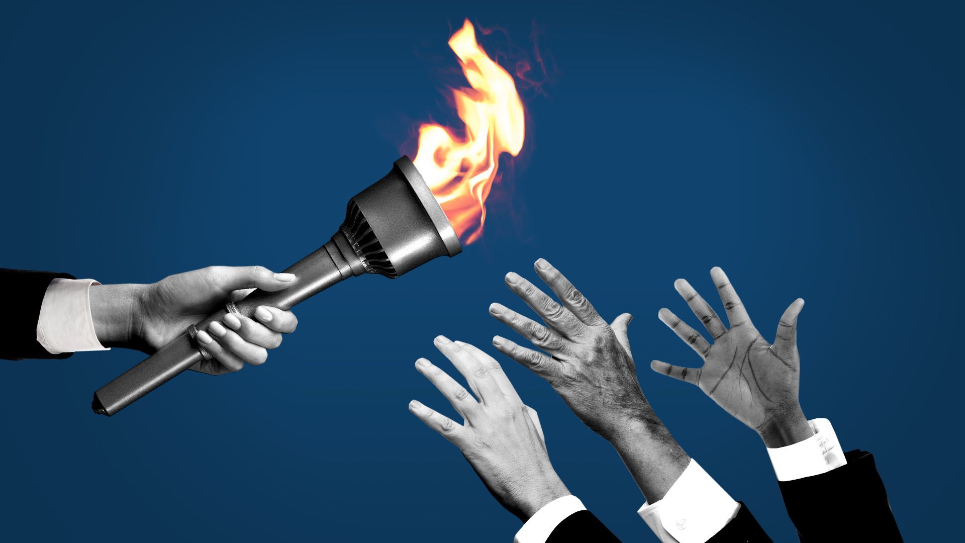 Illustration of a hand tilting a lit torch towards three outstretched hands