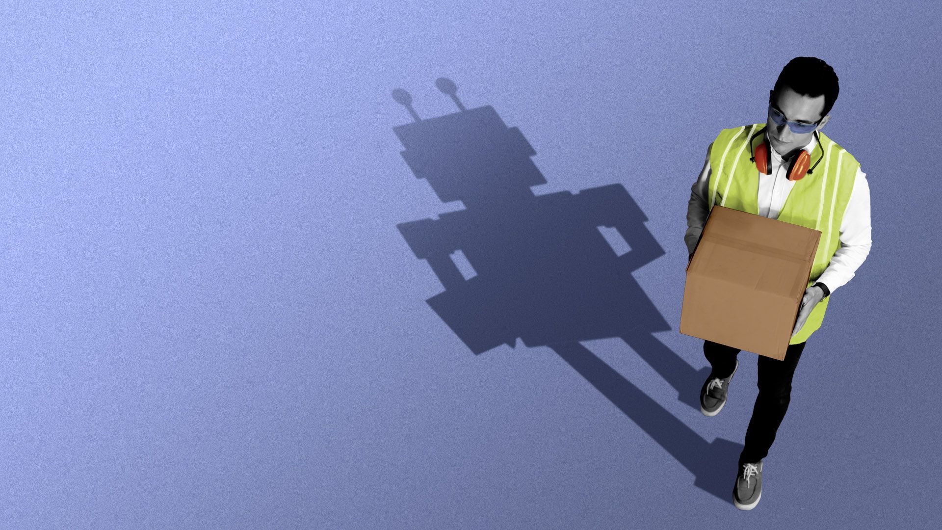 Illustration of a warehouse worker casting a shadow of a robot