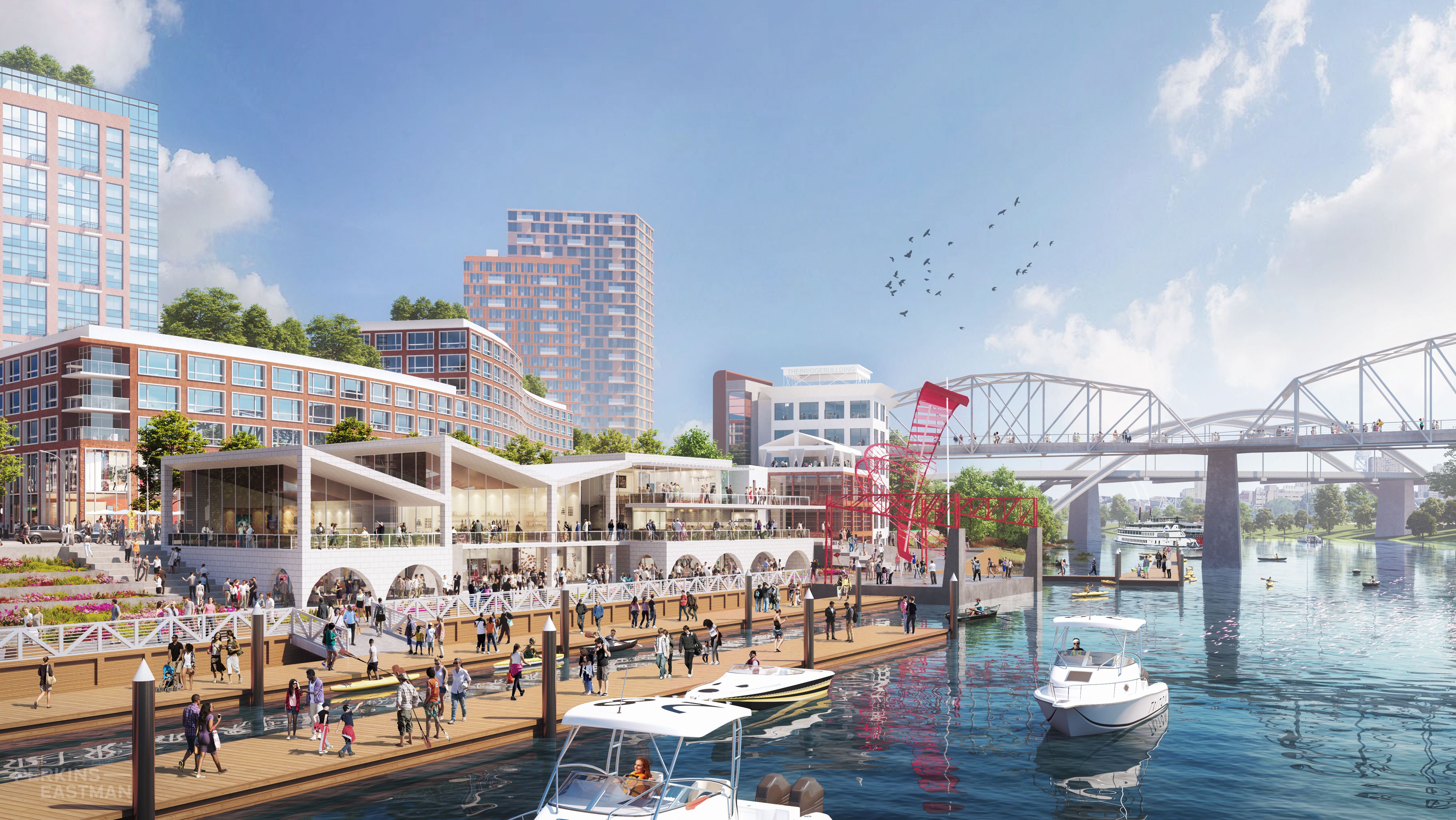 A rendering of the vision for the waterfront on the East Bank.