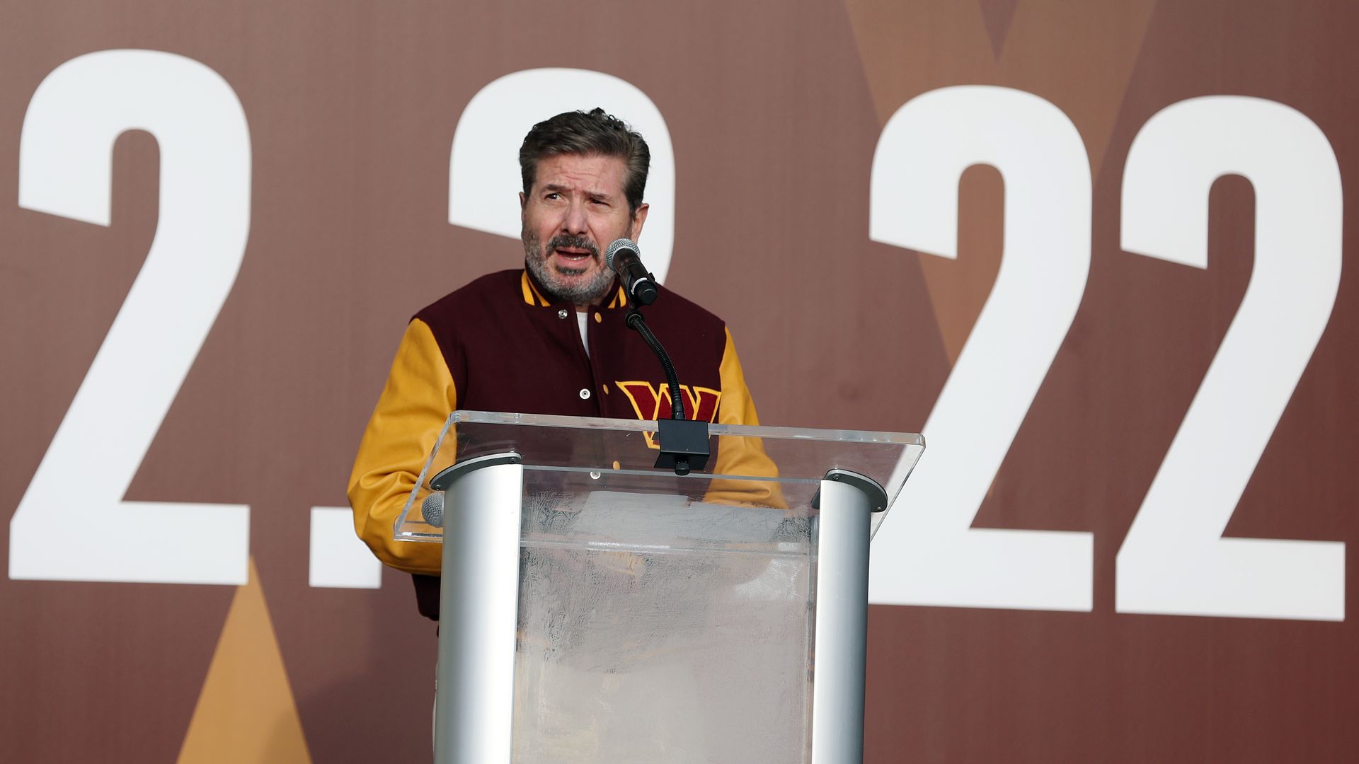 eam co-owner Dan Snyder speaks during the announcement of the Washington Football Team's name change to the Washington Commanders at FedExField on February 02, 2022 in Landover, Maryland. 