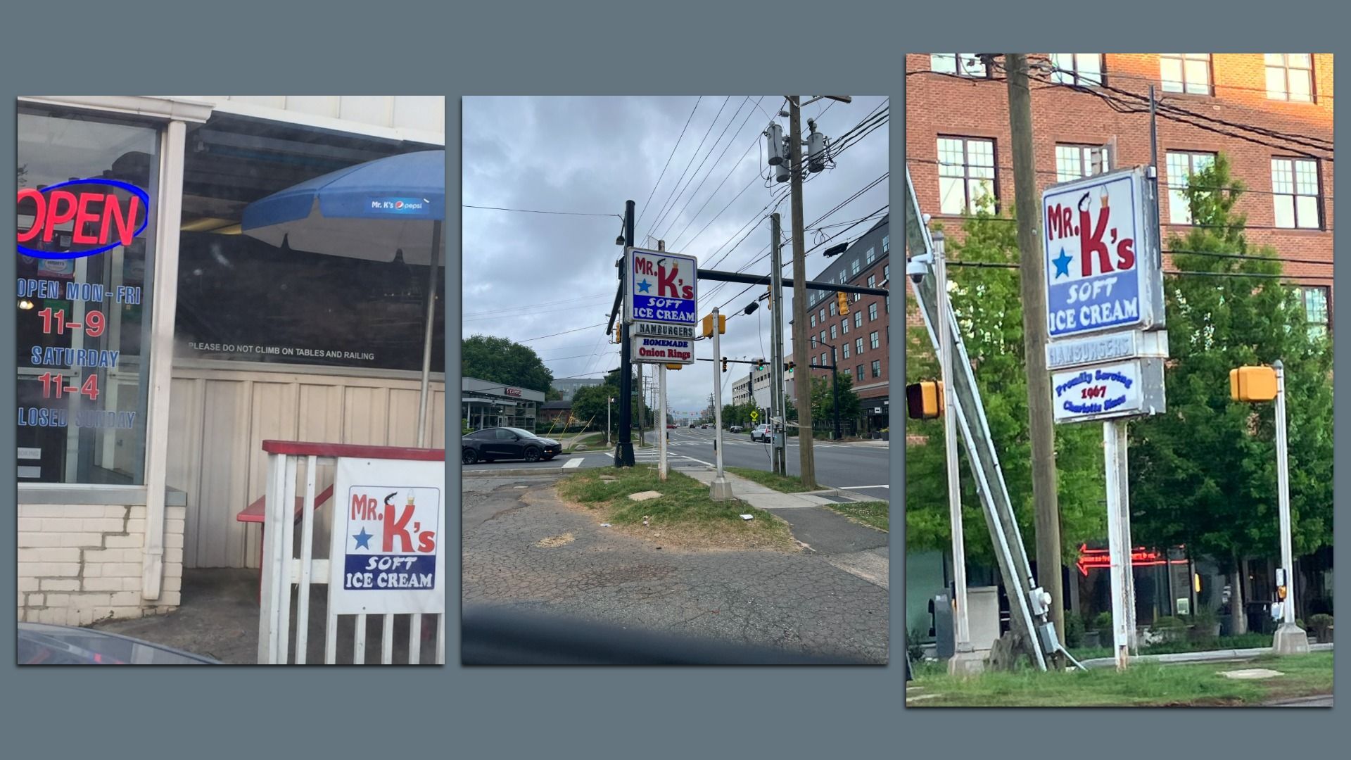 Three photos showing signage for Mr. K's Soft Ice Cream in red, white, and blue, including business hours and menu items like hamburgers and onion rings, set in urban environments.