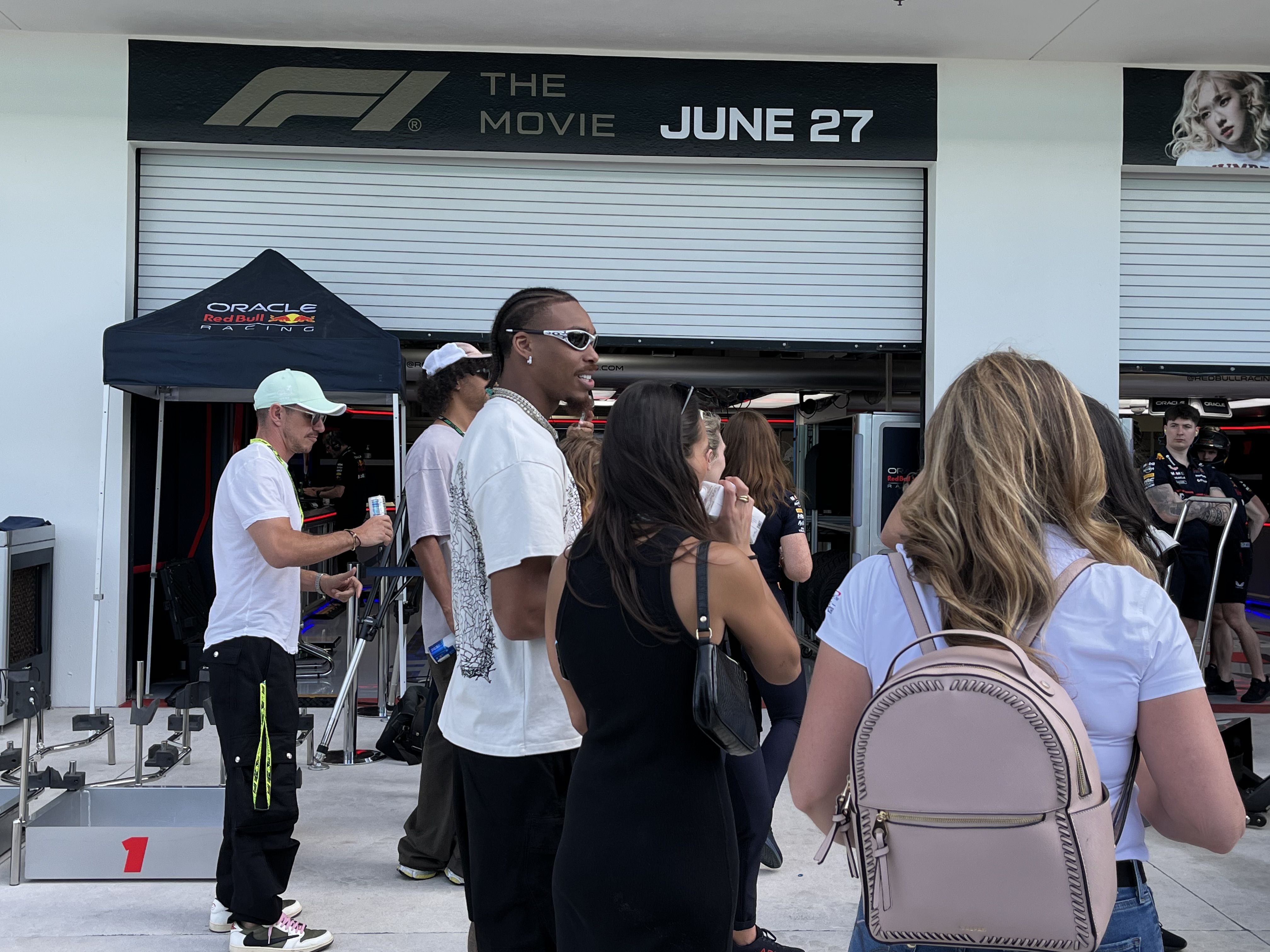 NFL wide receiver Justin Jefferson watches Formula 1 pit stop practices