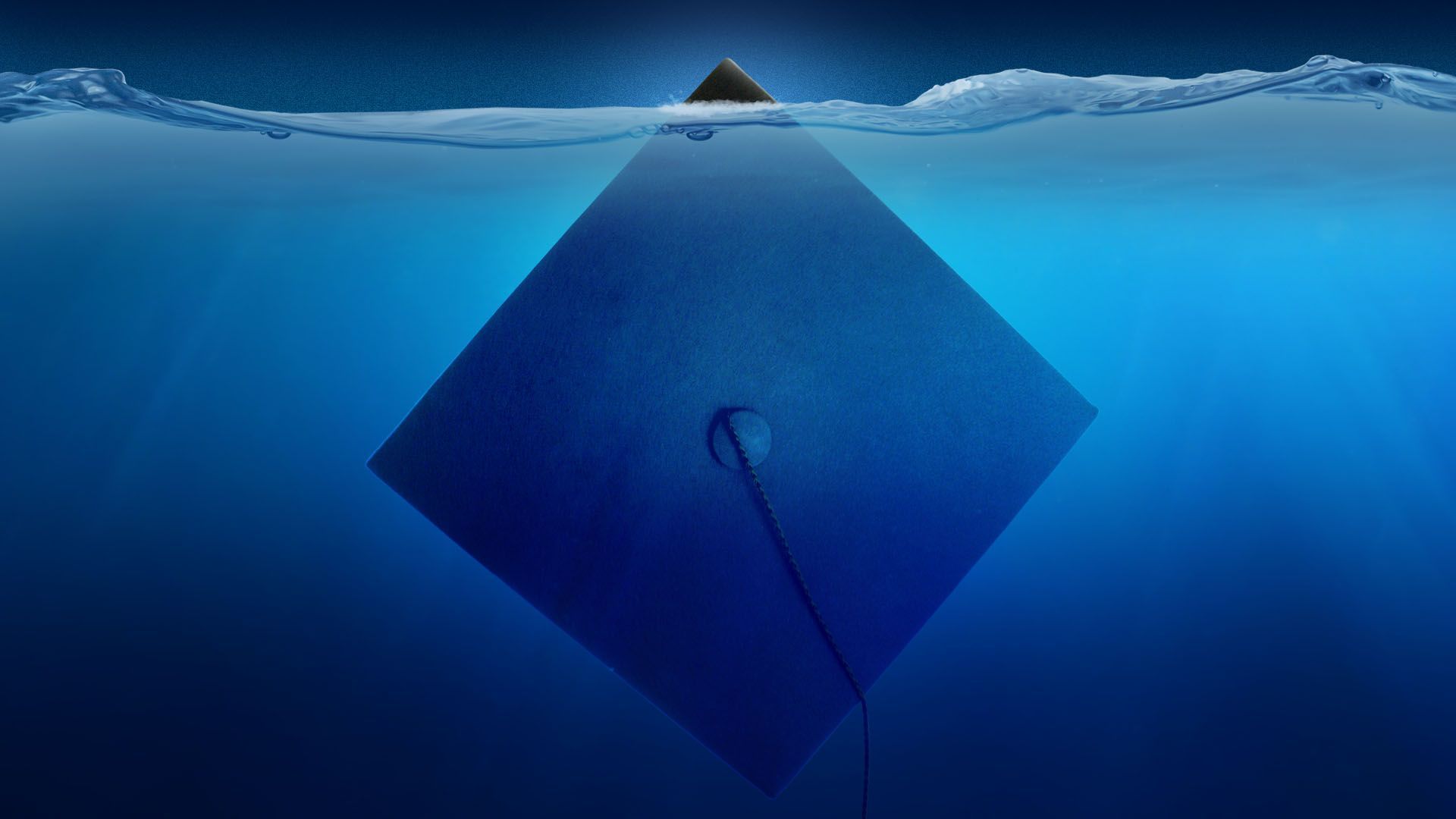 Illustration of a graduation cap submerged in the ocean like an iceberg, with a small corner above water
