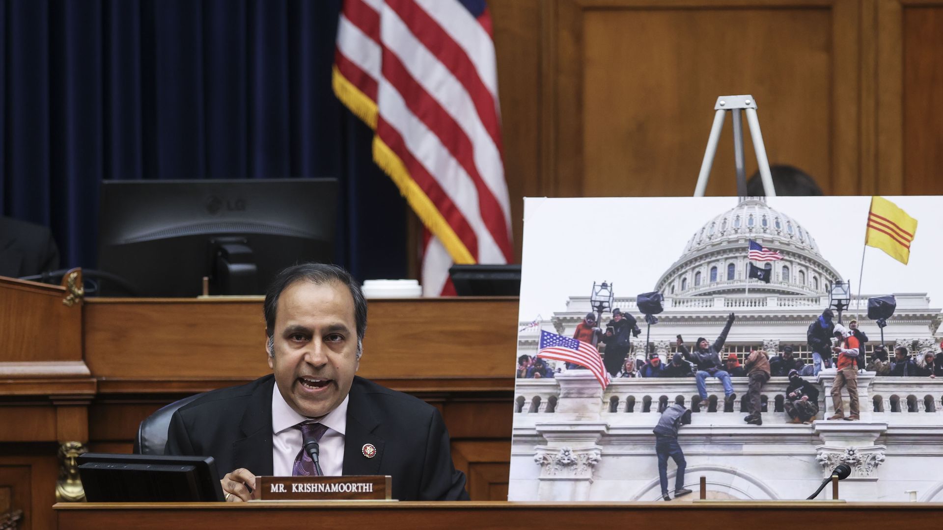 Rep. Raja Krishnamoorthi is seen speaking during a congressional hearing.