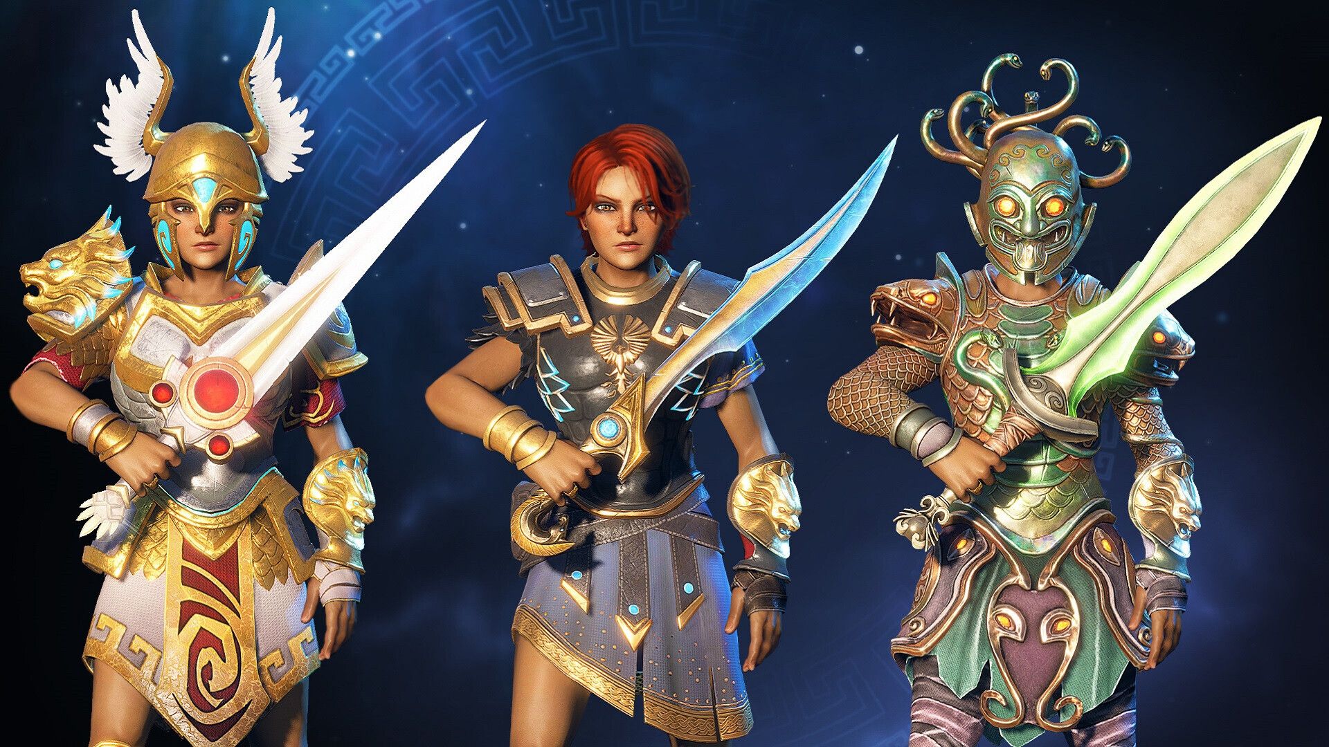 Video game screenshot of three human warriors in armor holding swords