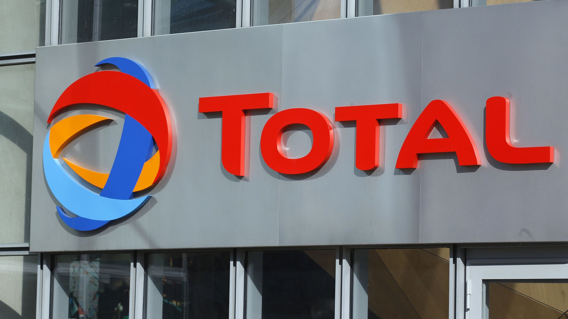 Logo of French oil company headquarters Total in La Defense business district, near Paris