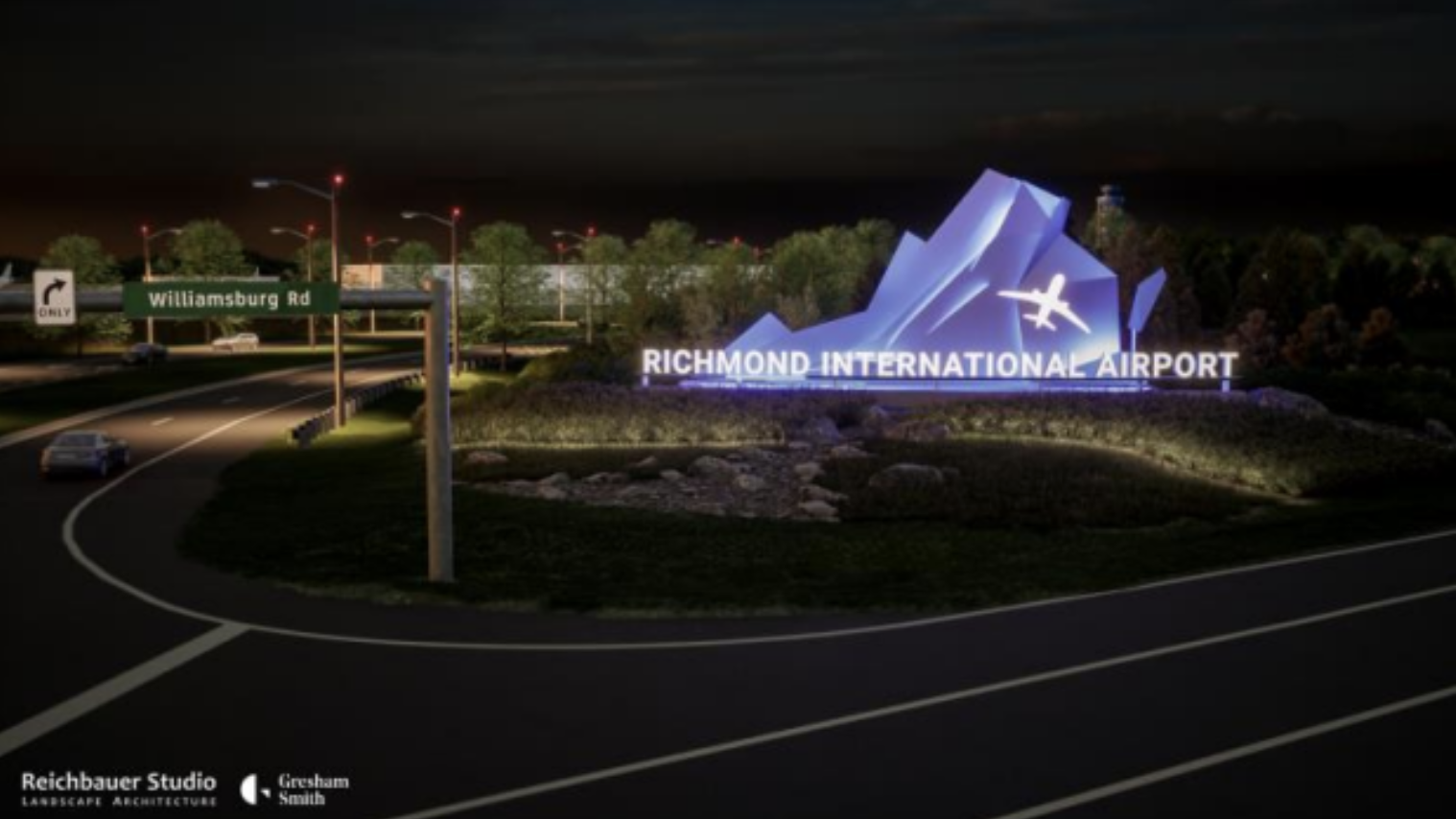 a screenshot of a rendering showing roads and a virginia-shaped illuminated sign with the words "richmond international airport" in front of it