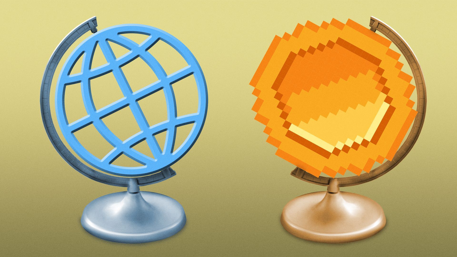 Illustration of two globe stands, one with the World Wide Web icon and one with a pixelated coin.