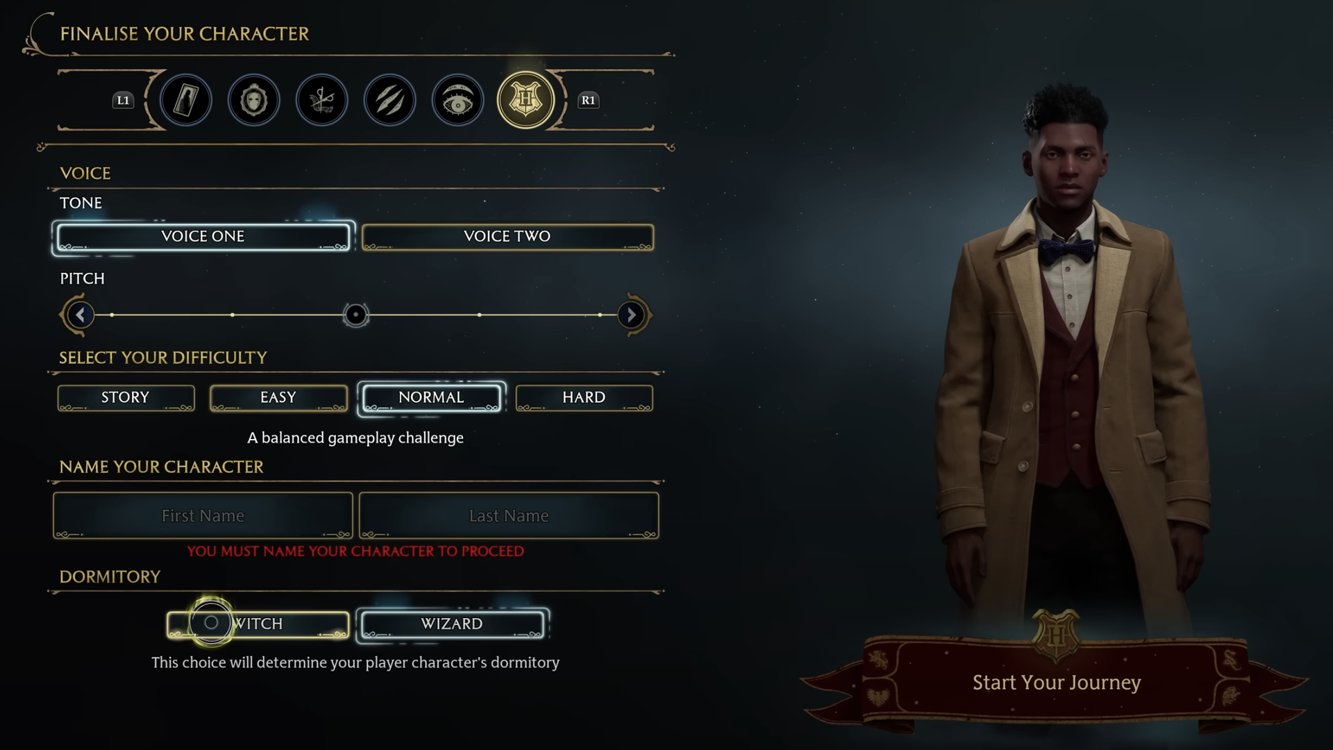 Screenshot of the character creation tools in Hogwarts Legacy, including options to customize voice and where the character dorms