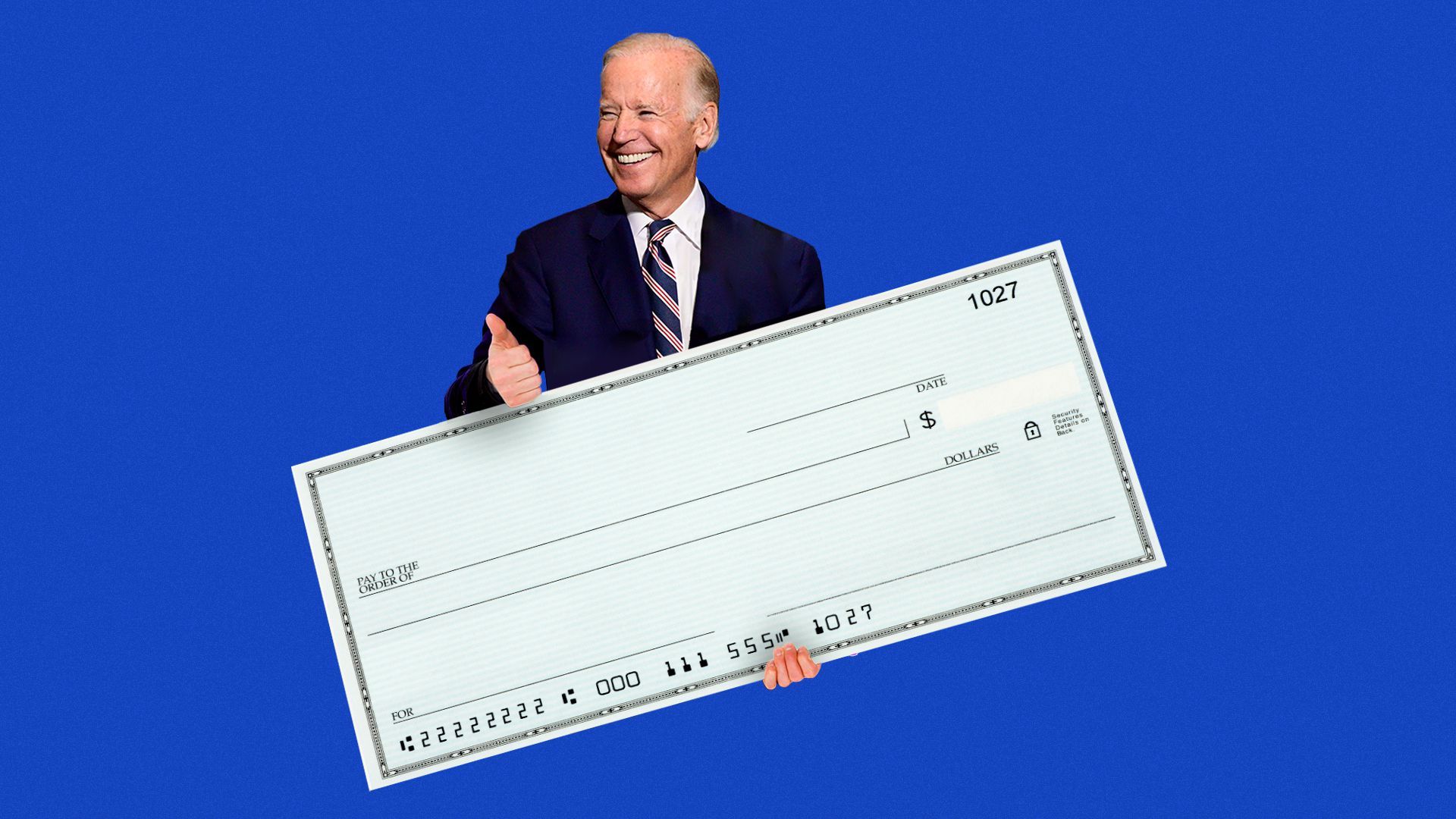 Photo illustration of Biden holding an oversized blank check