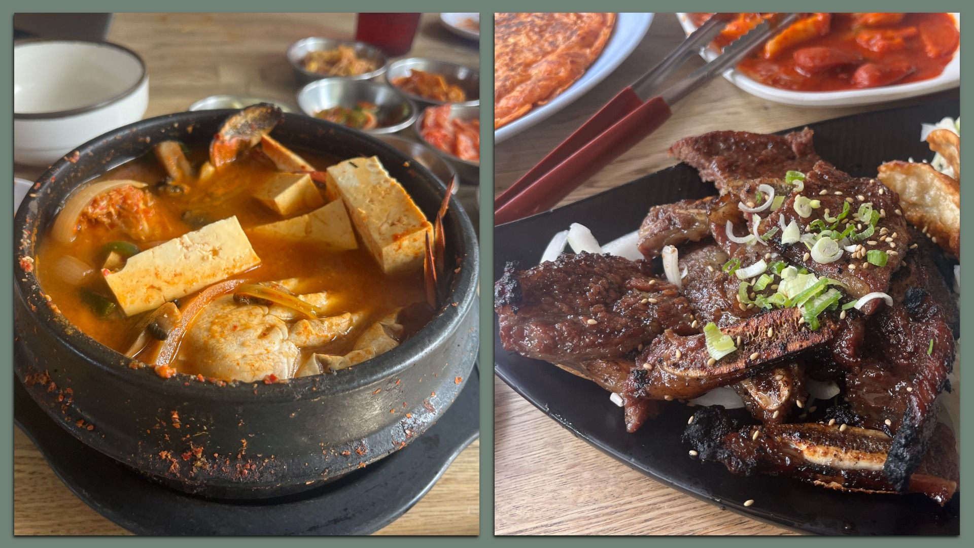 Two-part image: left shows Korean tofu soup with crab, mushrooms in a black pot; right shows grilled meat bones with green onions on black plate, with chopsticks and side dishes nearby.