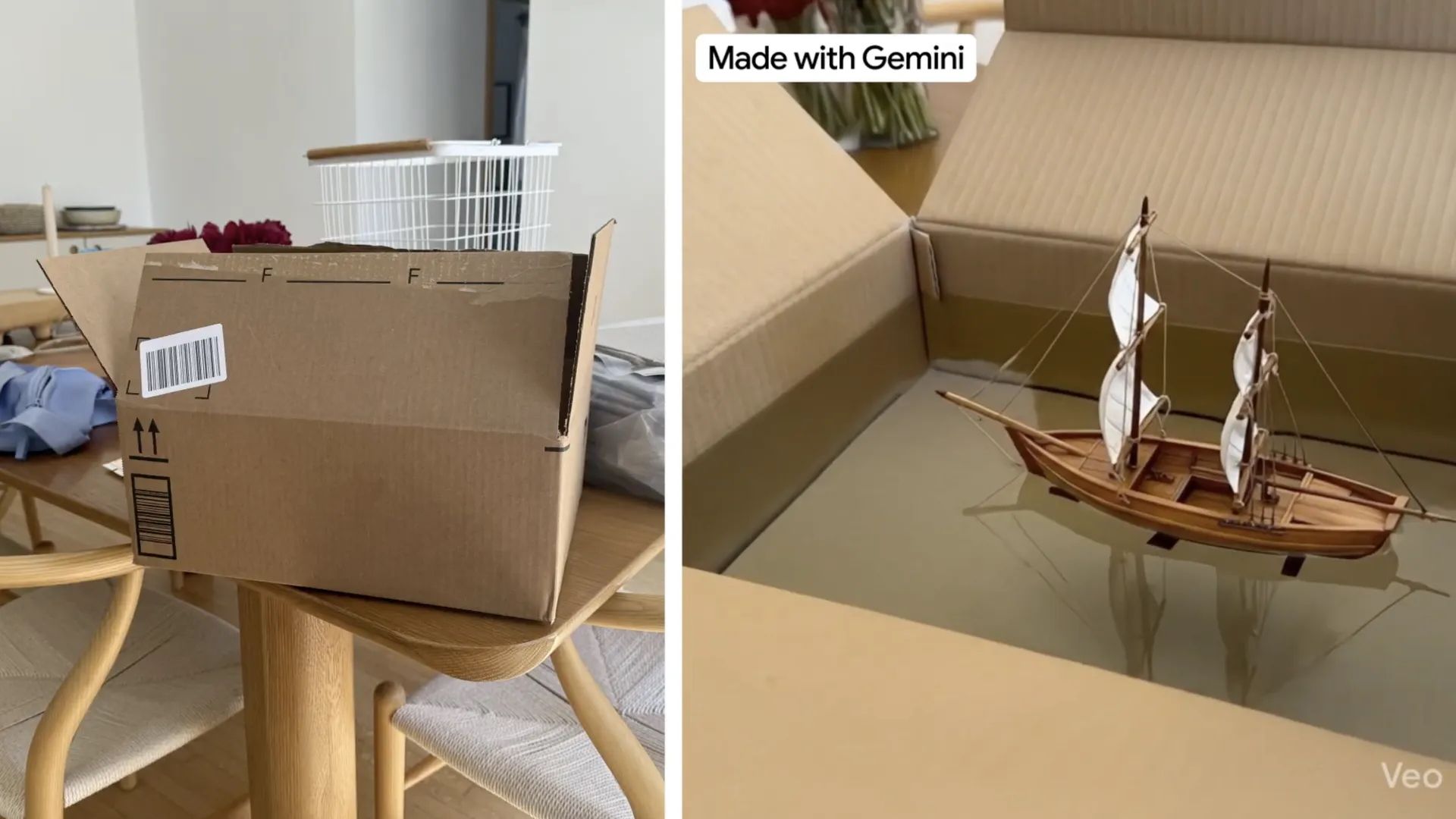 AI generated image of a boat floating inside a cardboard box