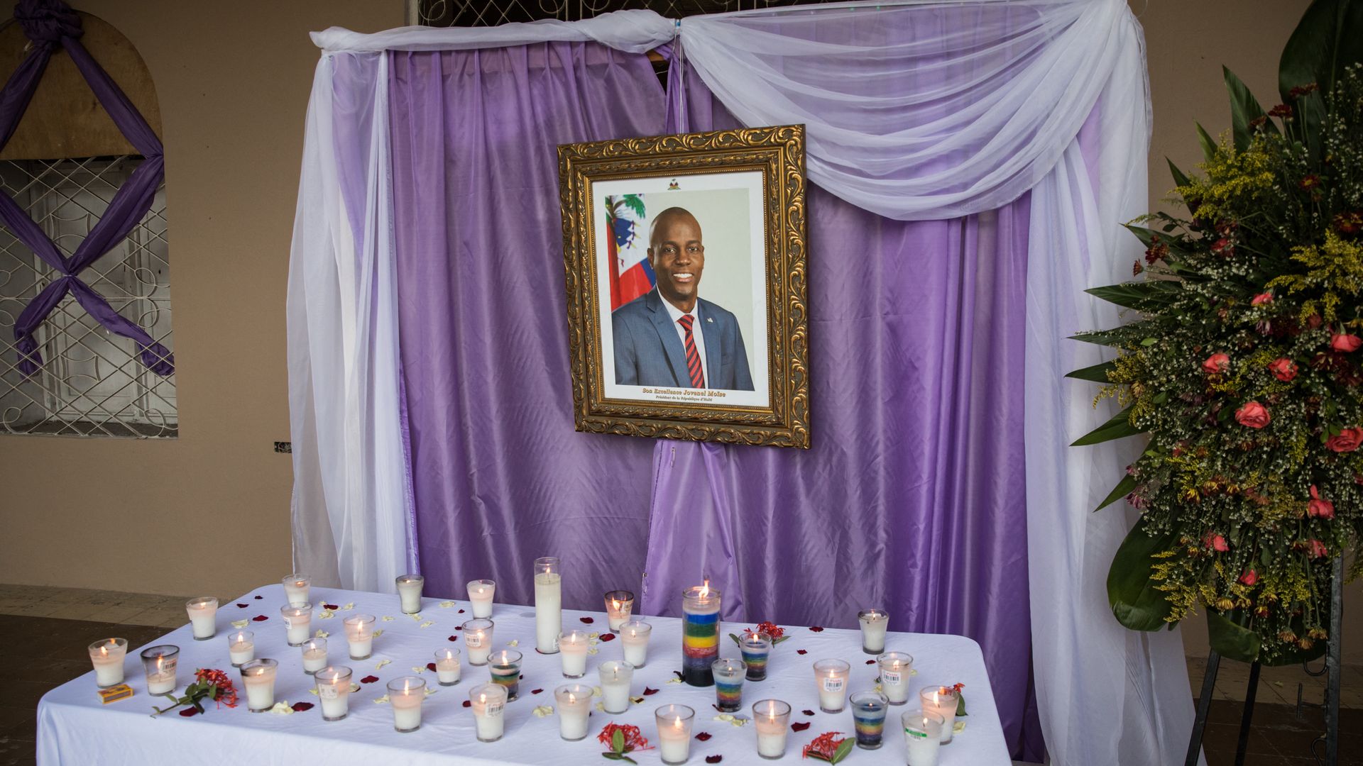 A memorial for President Jovenel Moise is installed near the Our Lady of the Assumption Cathedral in Cap-Haitien, July 22, 2021