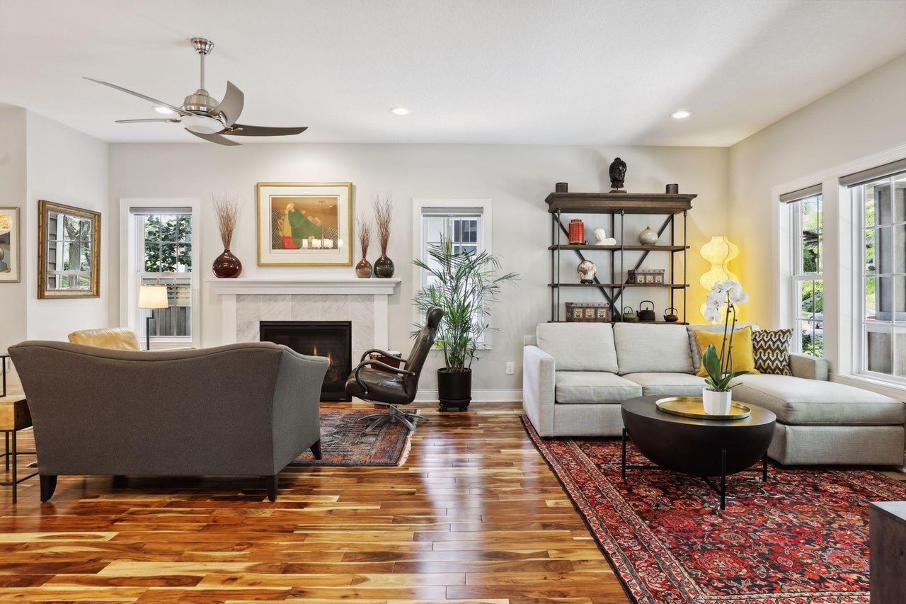 open concept living spaces that lead to kitchen