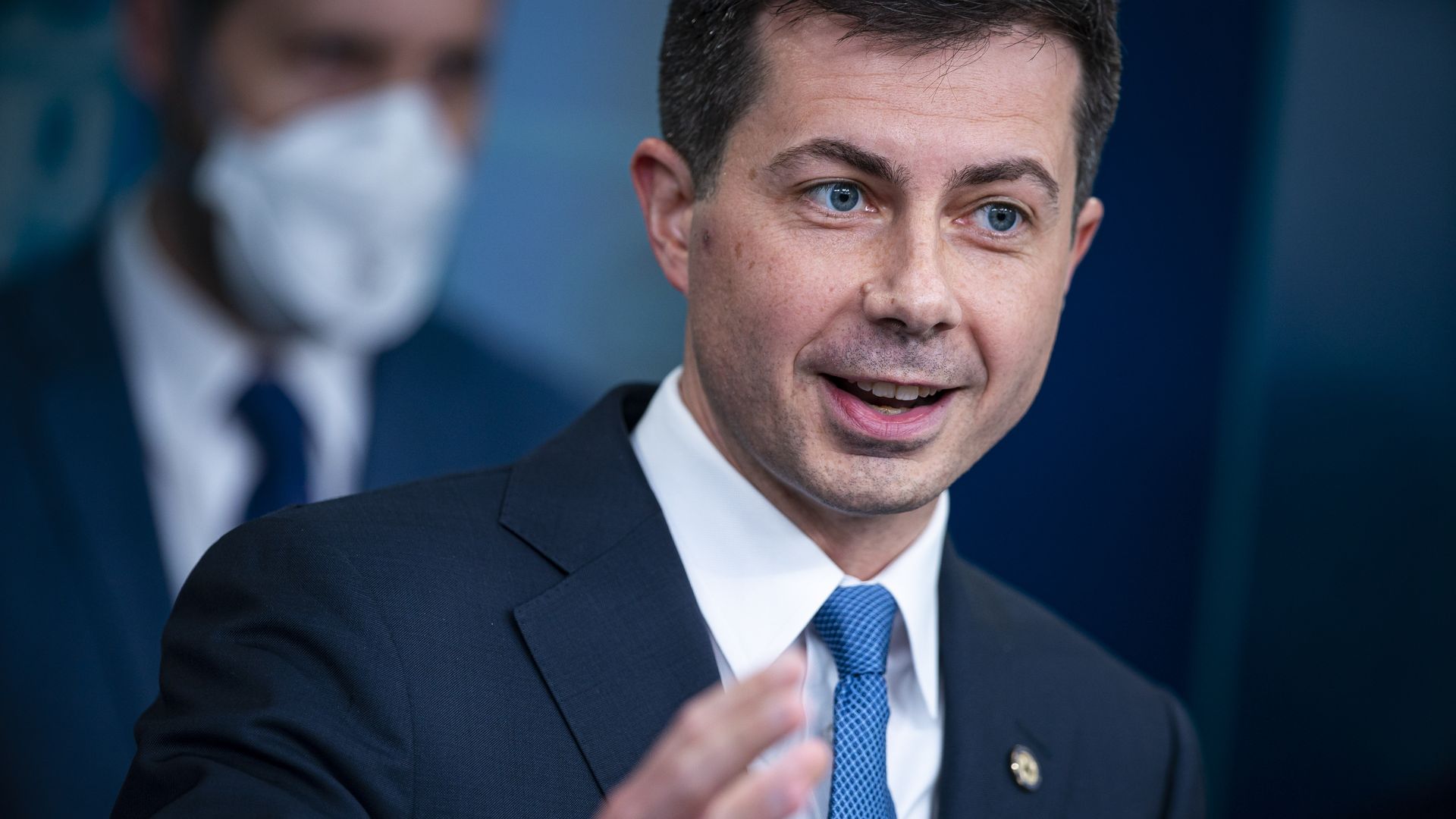 Secretary of Transportation Pete Buttigieg speaking in the White House in May 2022.