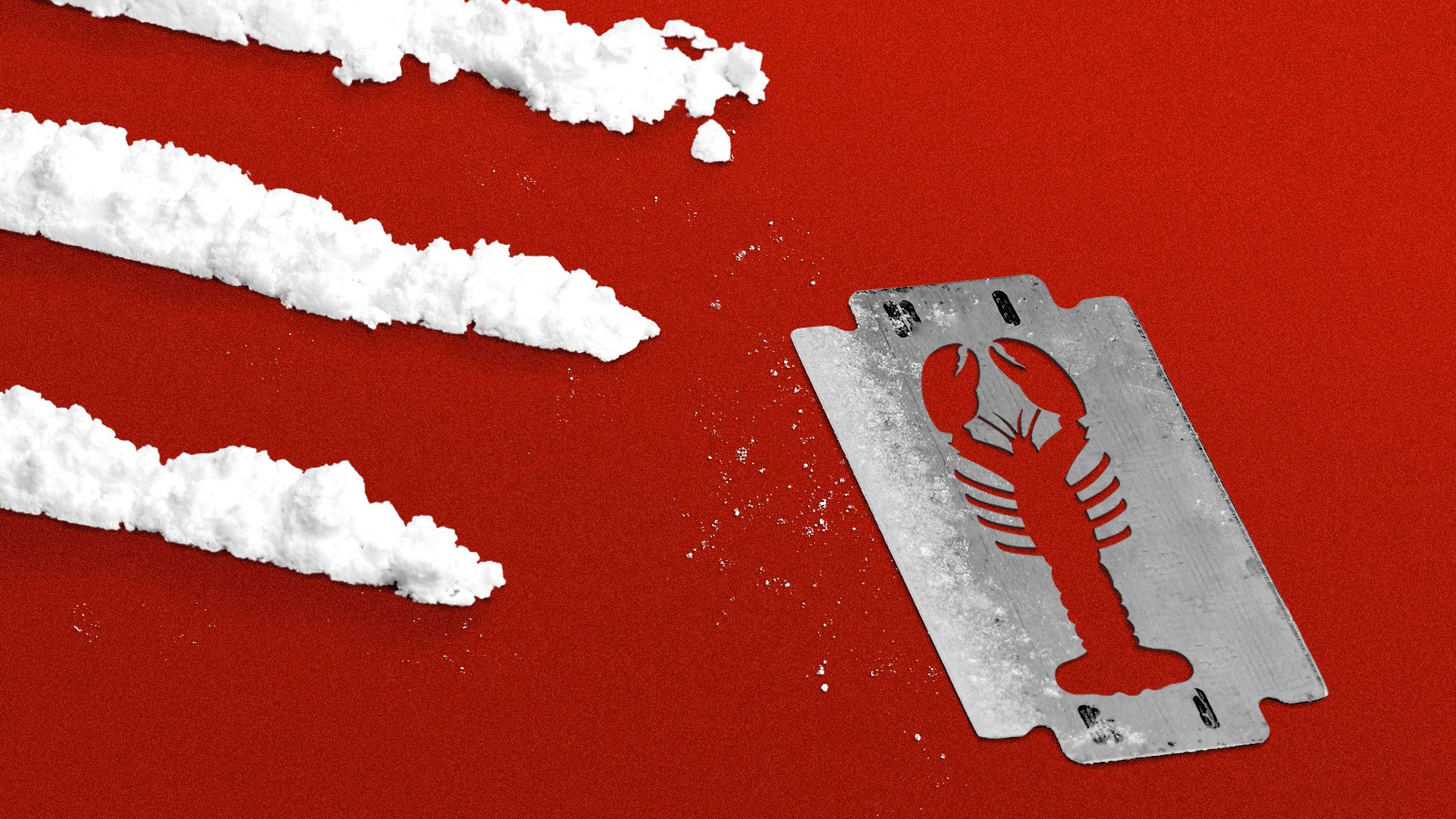 Illustration of three lines of cocaine and a razor blade. The razor's interior cutout is shaped like a lobster.