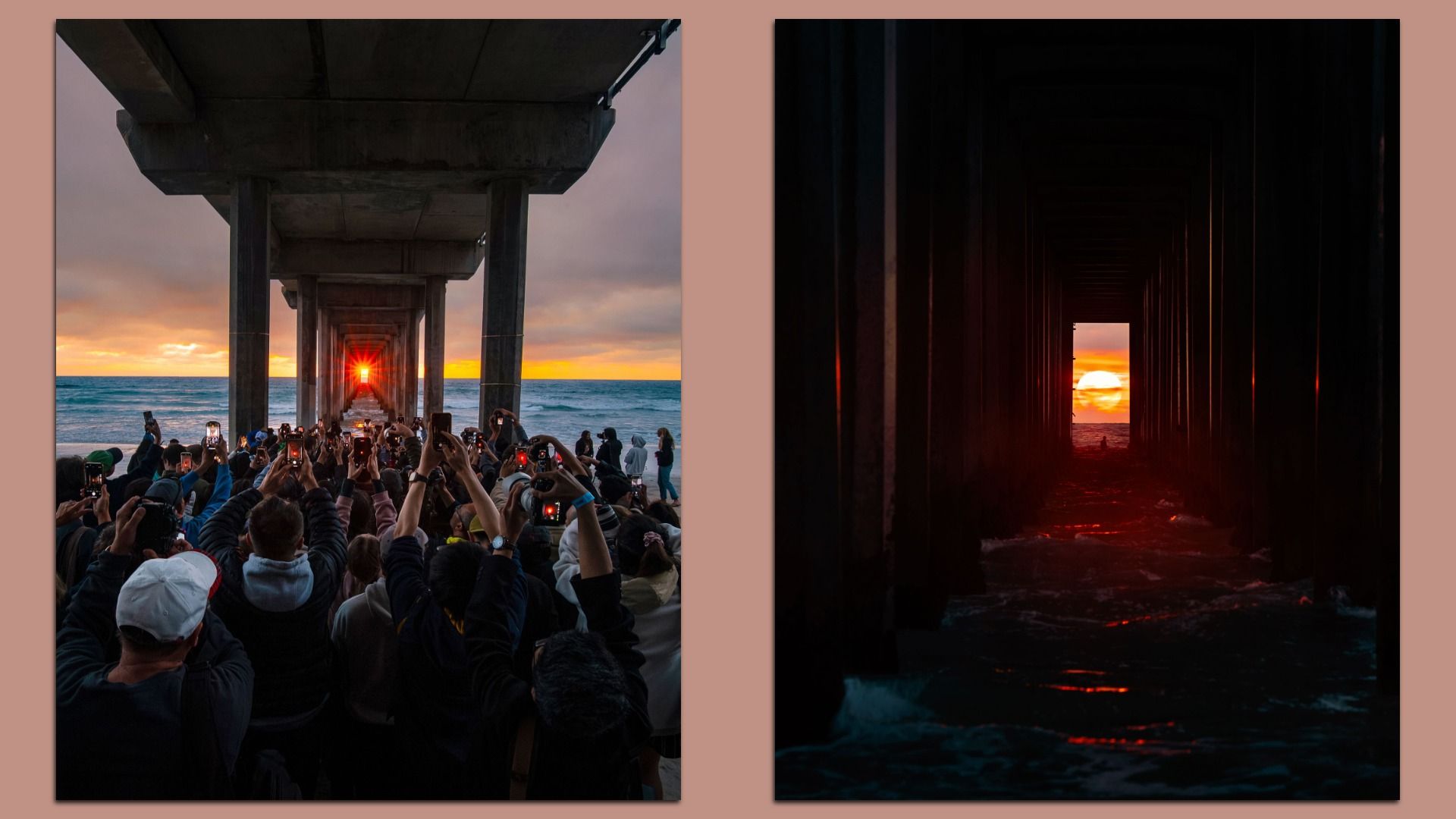 One photo shows a crowd of people take photos of a sunset aligned underneath a pier.  The second photo shows a close up of just the fiery sunset framed by the pier.